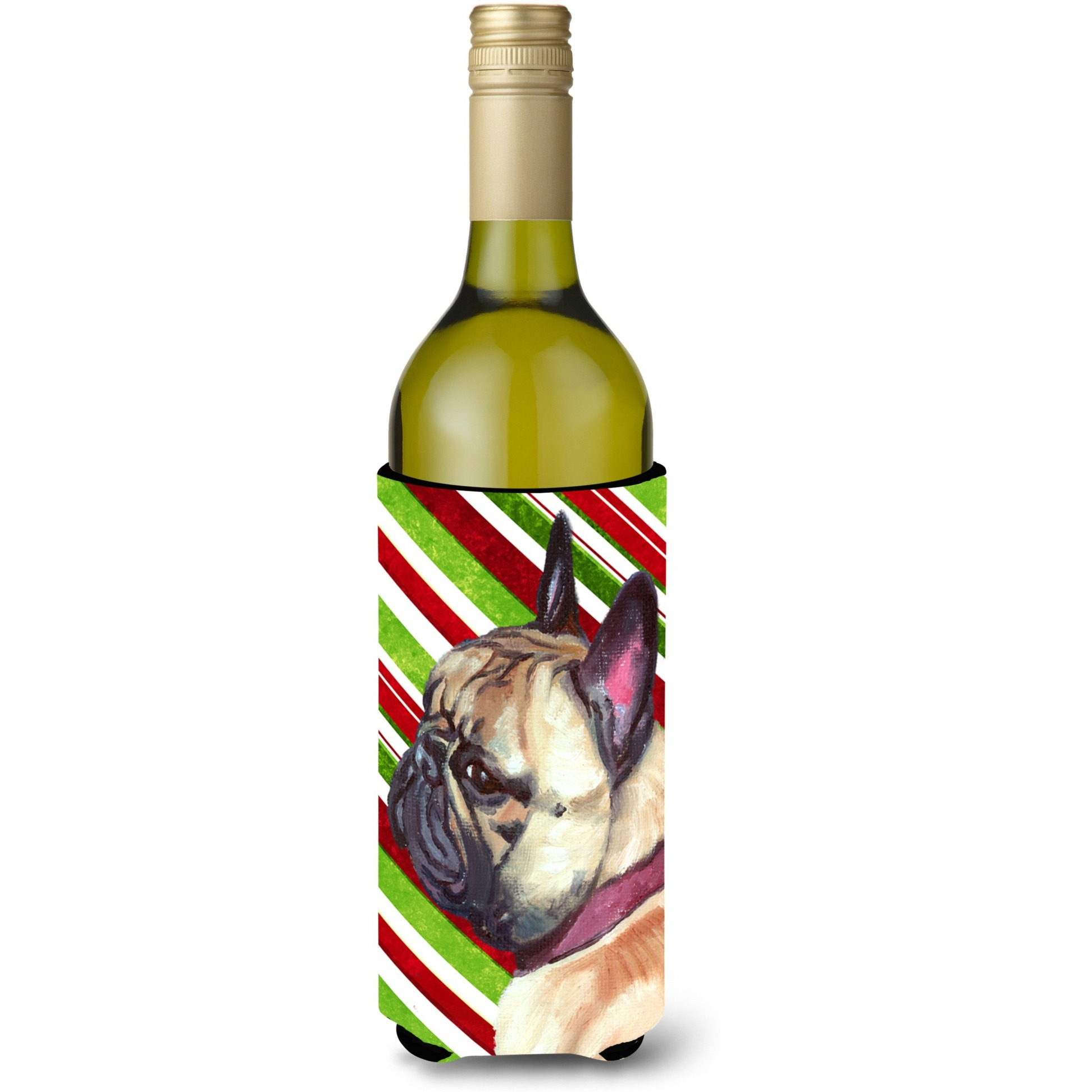 French Bulldog Frenchie Candy Cane Holiday Christmas Wine Bottle Beverage Insulator Hugger LH9594LITERK
