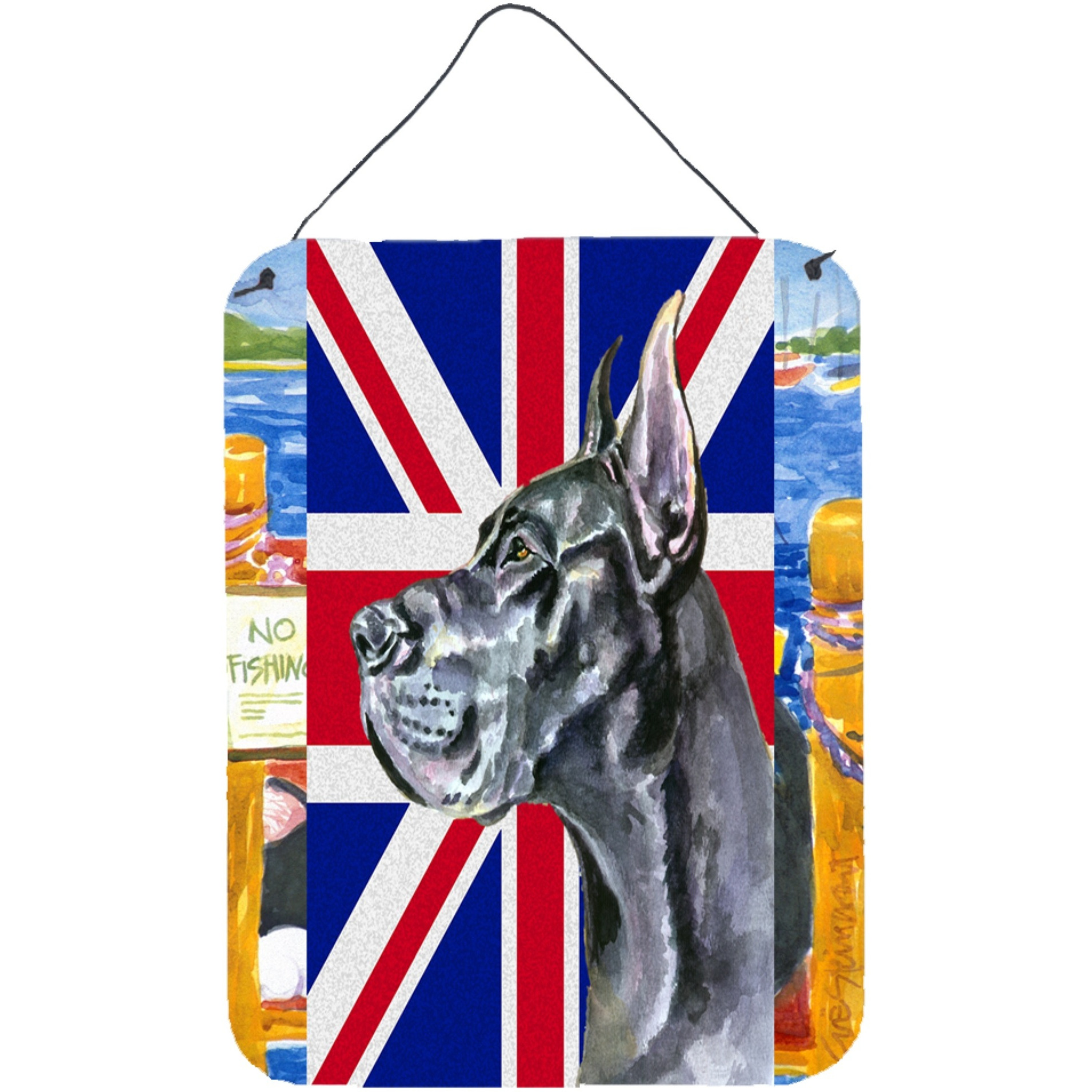 &quotCaroline's Treasures LH9599DS1216 Black Great Dane with English Union Jack British Flag Wall or Door Hanging Prints, 16 x 12"", Multicolor"