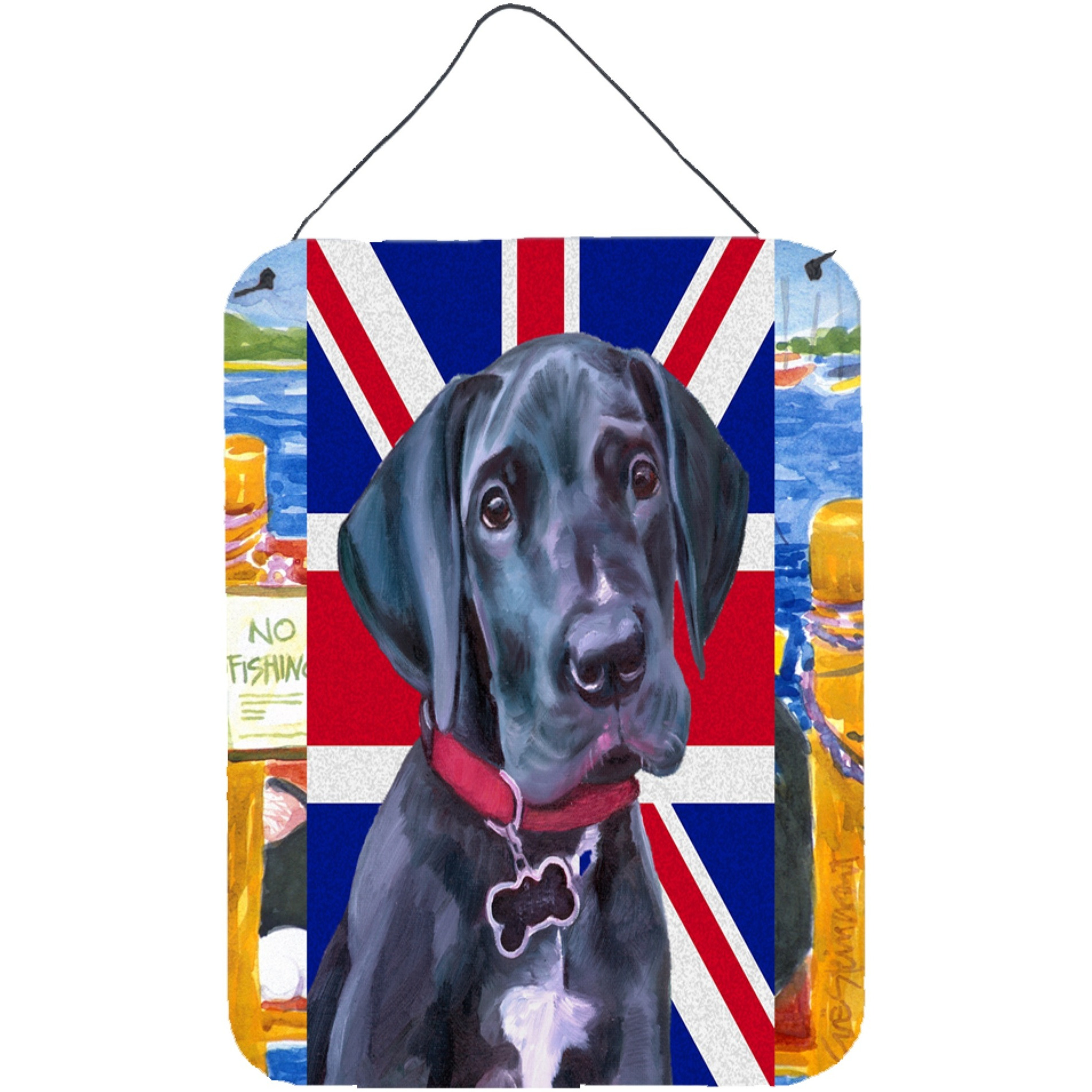&quotCaroline's Treasures LH9600DS1216 Black Great Dane Puppy with English Union Jack British Flag Wall or Door Hanging Prints, 16 x 12"", Multicolor"