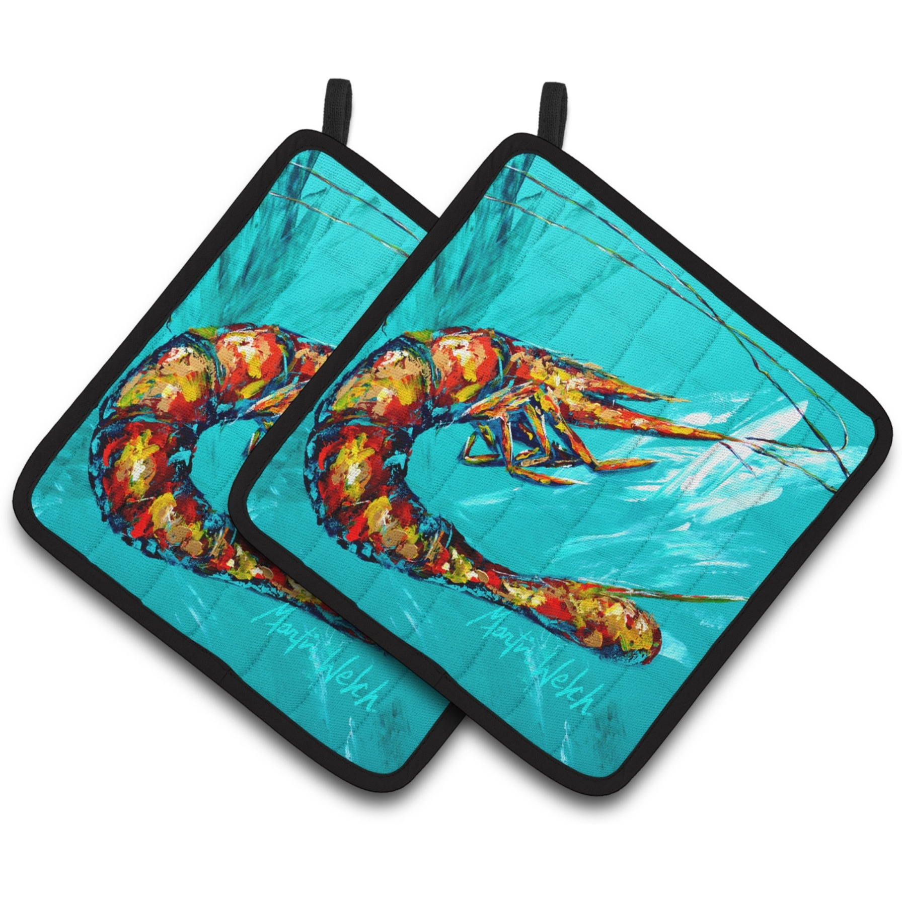 &quotCaroline's Treasures Shrimp Teal Shrimp Pair of Pot Holders MW1100PTHD, 7.5HX7.5W, Multicolor"