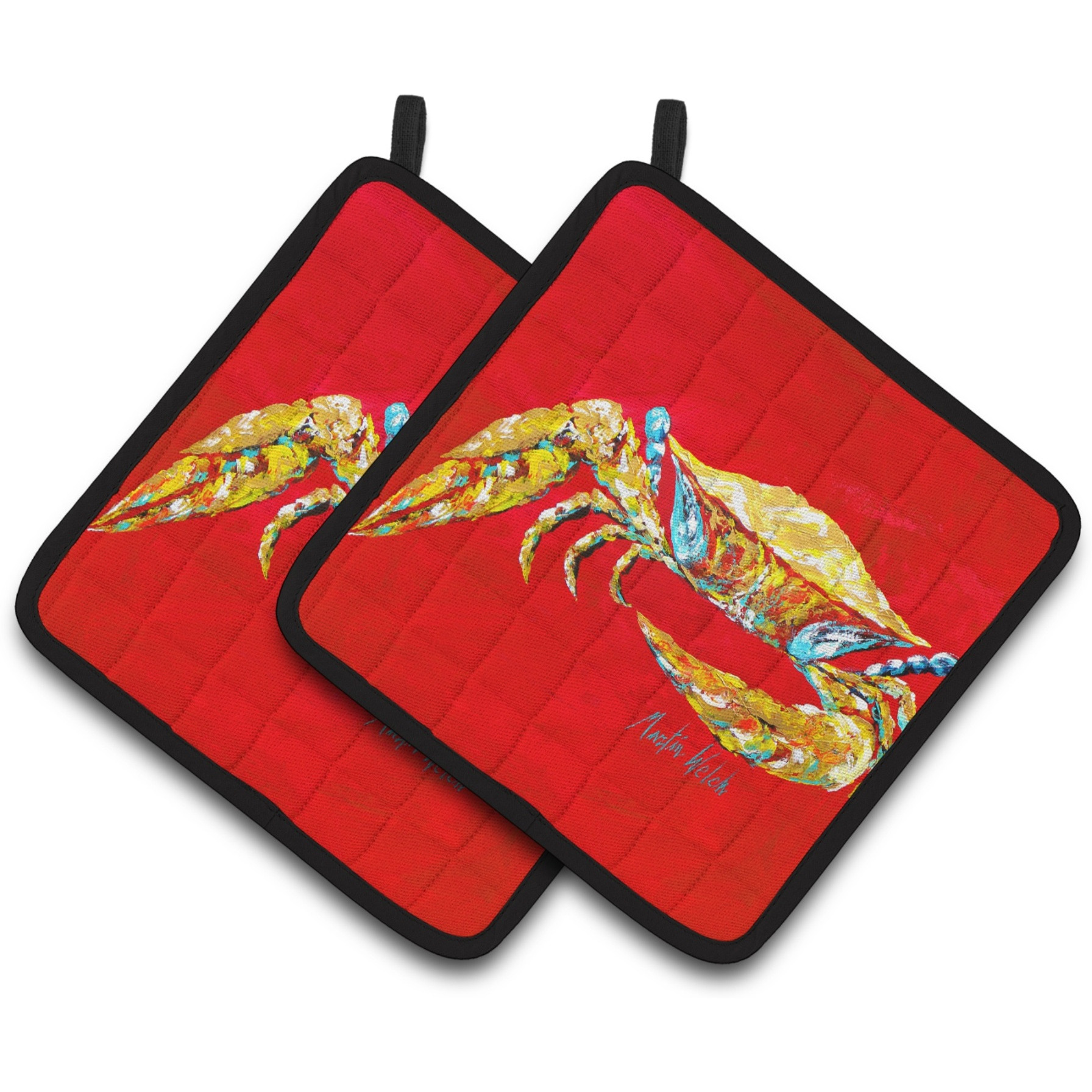 &quotCaroline's Treasures Crab Blue On Red, Sr Pair of Pot Holders MW1116PTHD, 7.5HX7.5W, Multicolor"