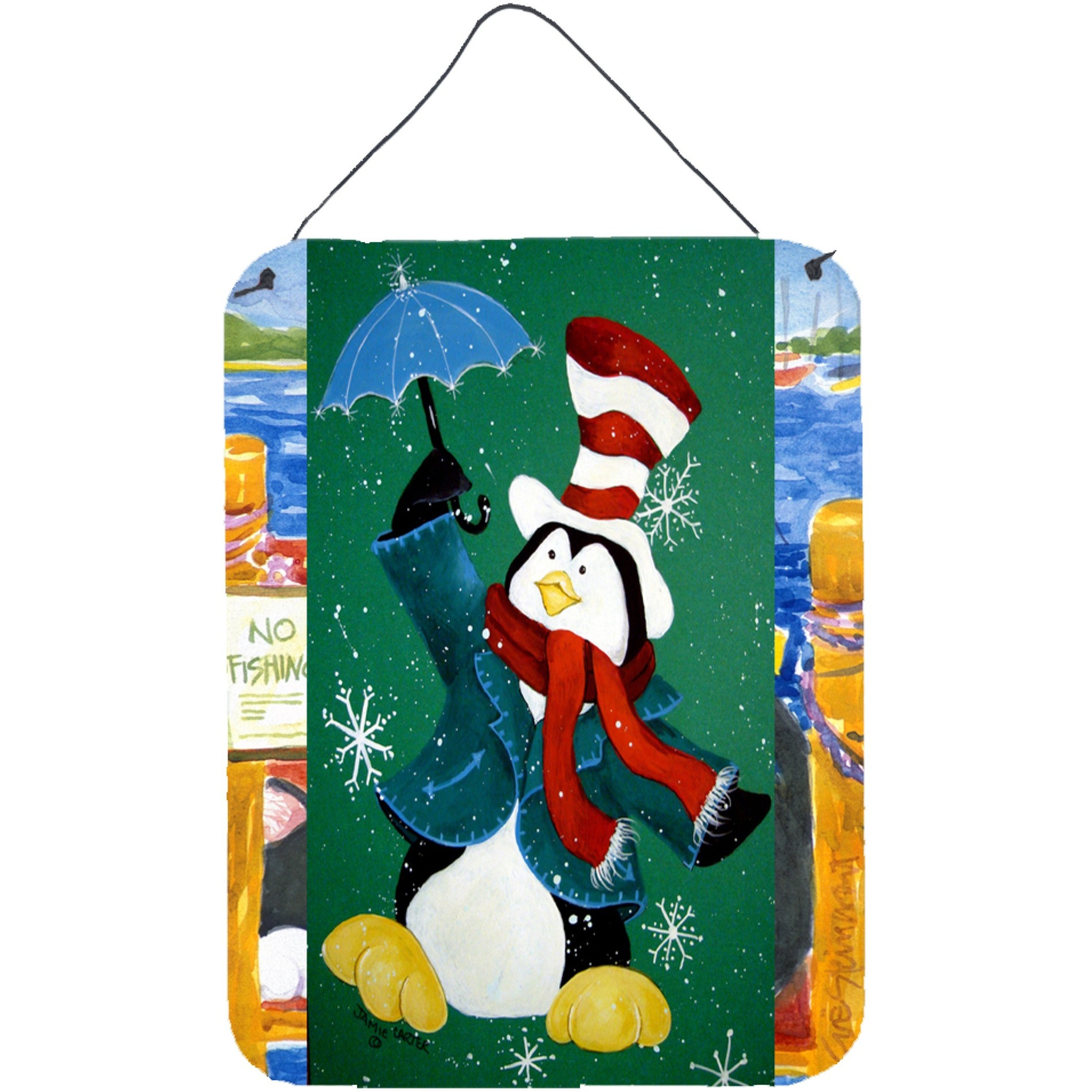 &quotCaroline's Treasures PJC1015DS1216 Just Dropping in to Say Hello Christmas Penguin Wall or Door Hanging Prints, 16 x 12"", Multicolor"