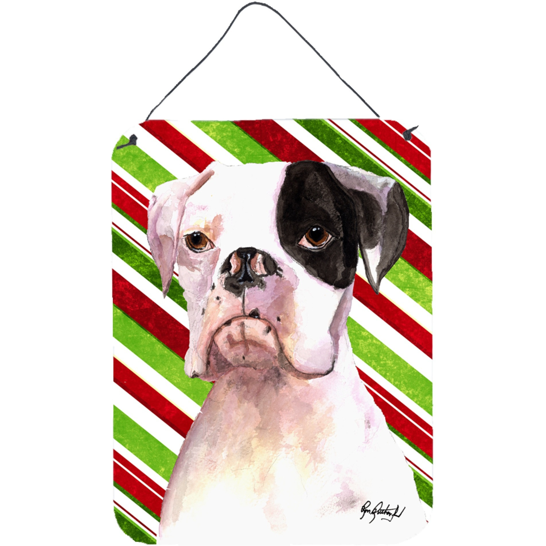 &quotCaroline's Treasures Cooper Candy Stripe Boxer Christmas Aluminium Metal Wall or Door Hanging Prints, 16"" x 12"""