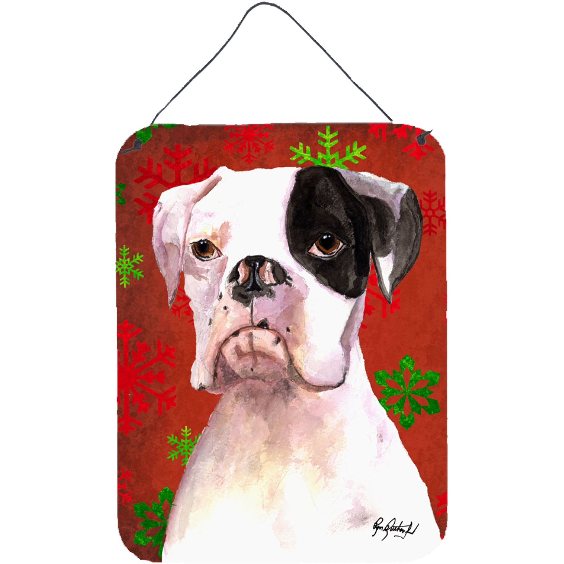 &quotCaroline's Treasures Cooper Red Snowflakes Boxer Aluminium Metal Wall or Door Hanging Prints, 16"" x 12"""