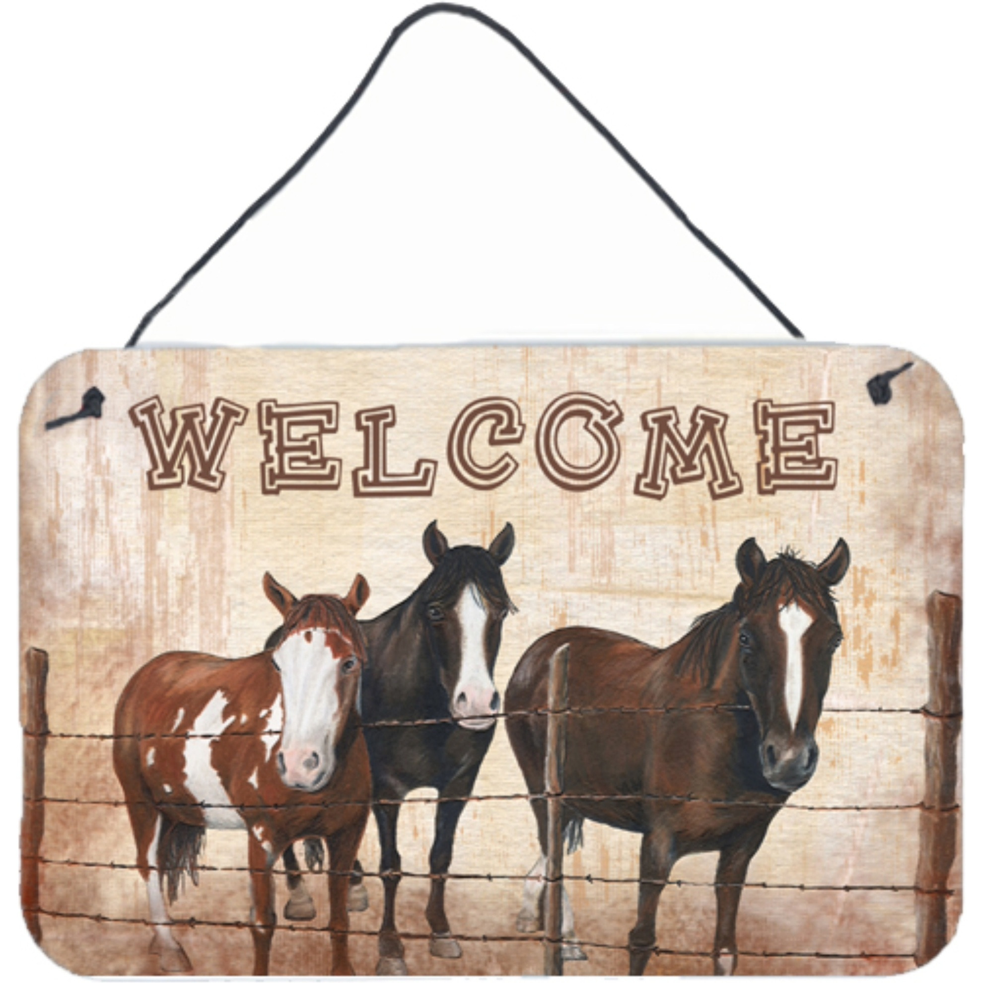 &quotCaroline's Treasures Welcome Mat with Horses Aluminum Metal Wall or Door Hanging Prints, 8 x 12"""