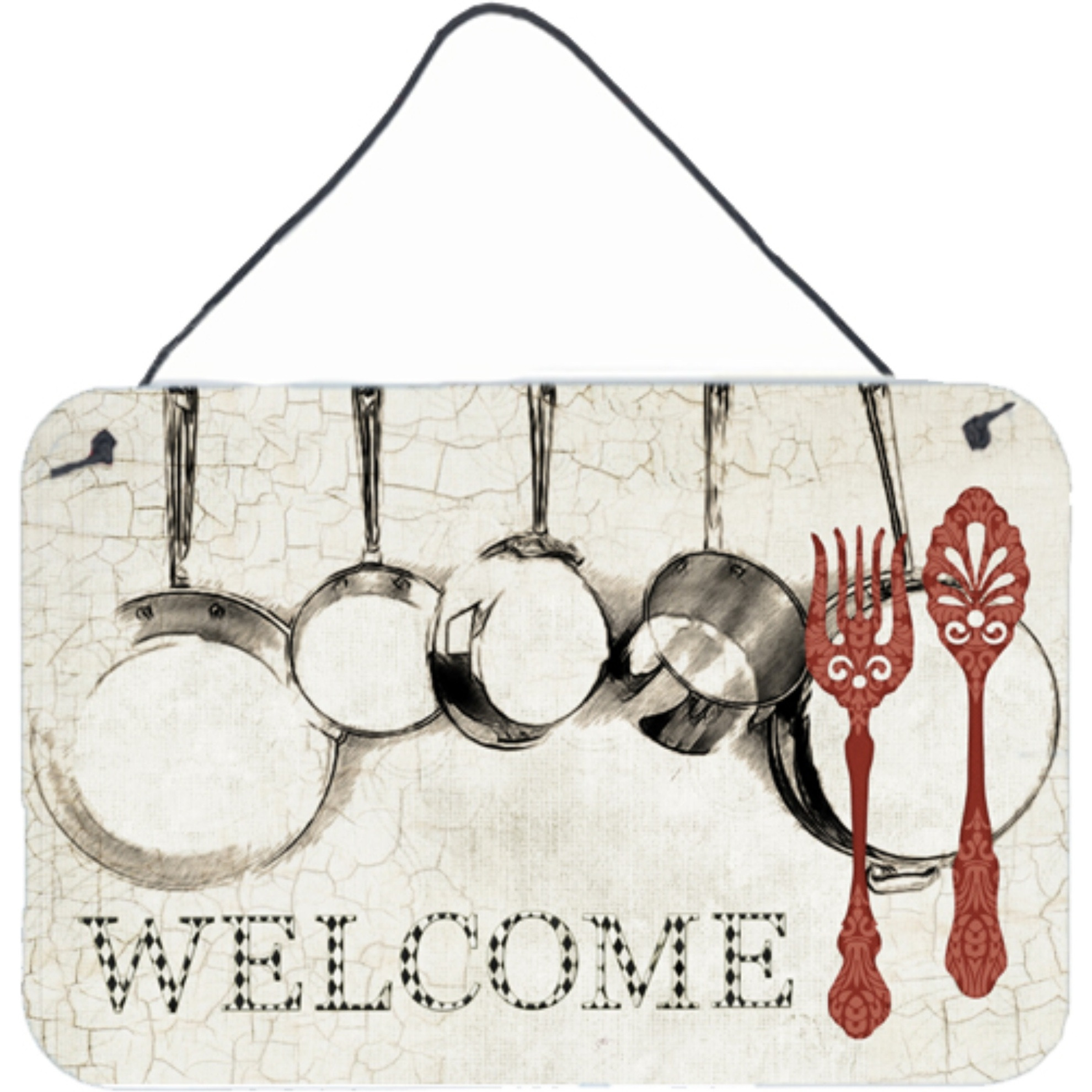 &quotCaroline's Treasures Pots and Pans Welcome Aluminum Metal Wall or Door Hanging Prints, 8 x 12"""