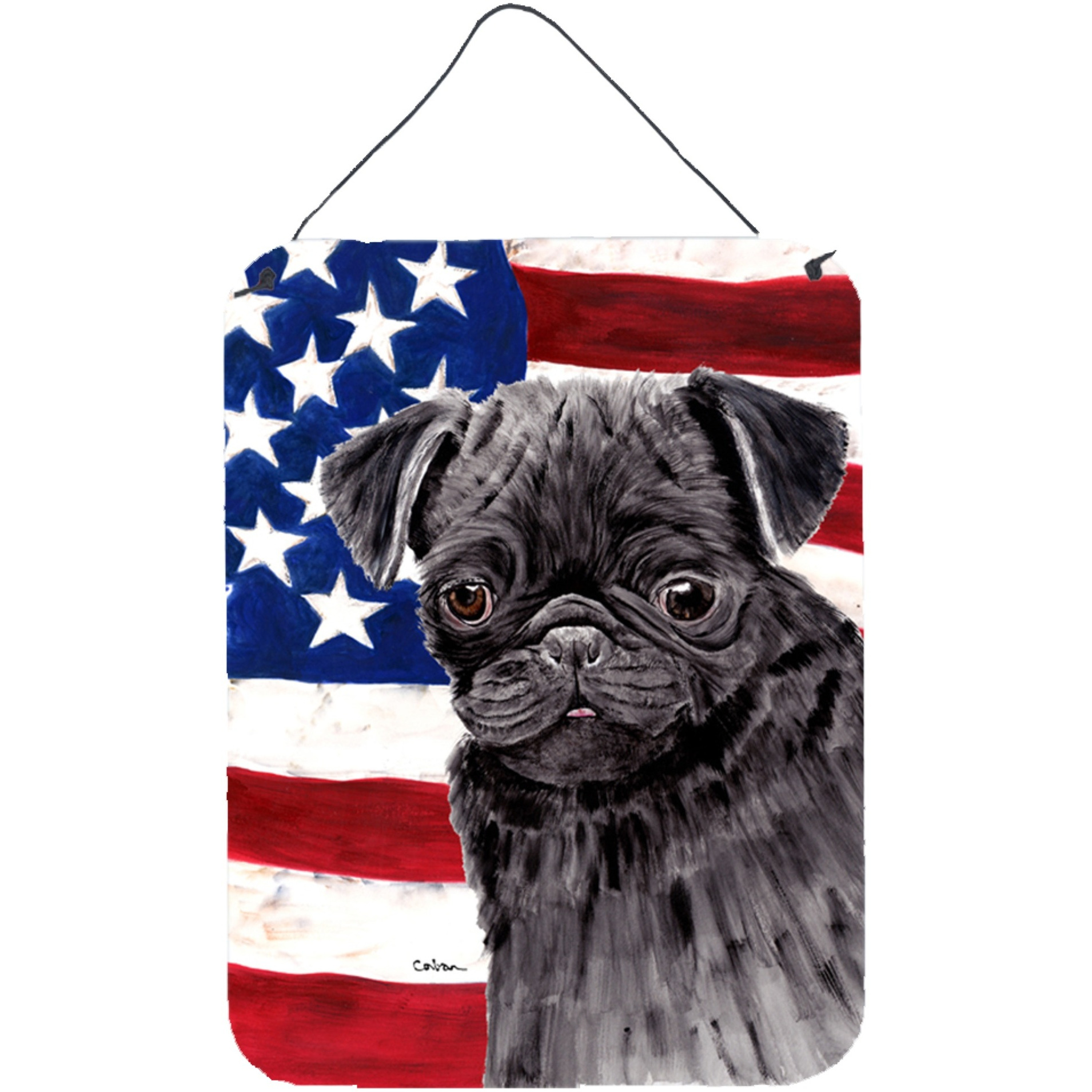&quotCaroline's Treasures SC9011DS1216 Usa American Flag with Pug Aluminium Metal Wall or Door Hanging Prints, 16"" x 12"", Multicolor"