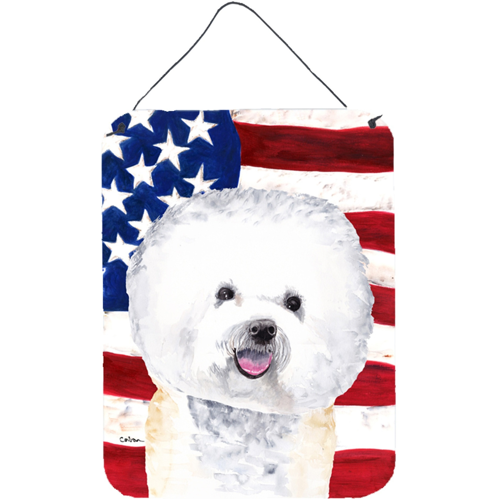 &quotCaroline's Treasures SC9014DS1216 Usa American Flag with Bichon Frise Aluminium Metal Wall or Door Hanging Prints, 16"" x 12"", Multicolor"