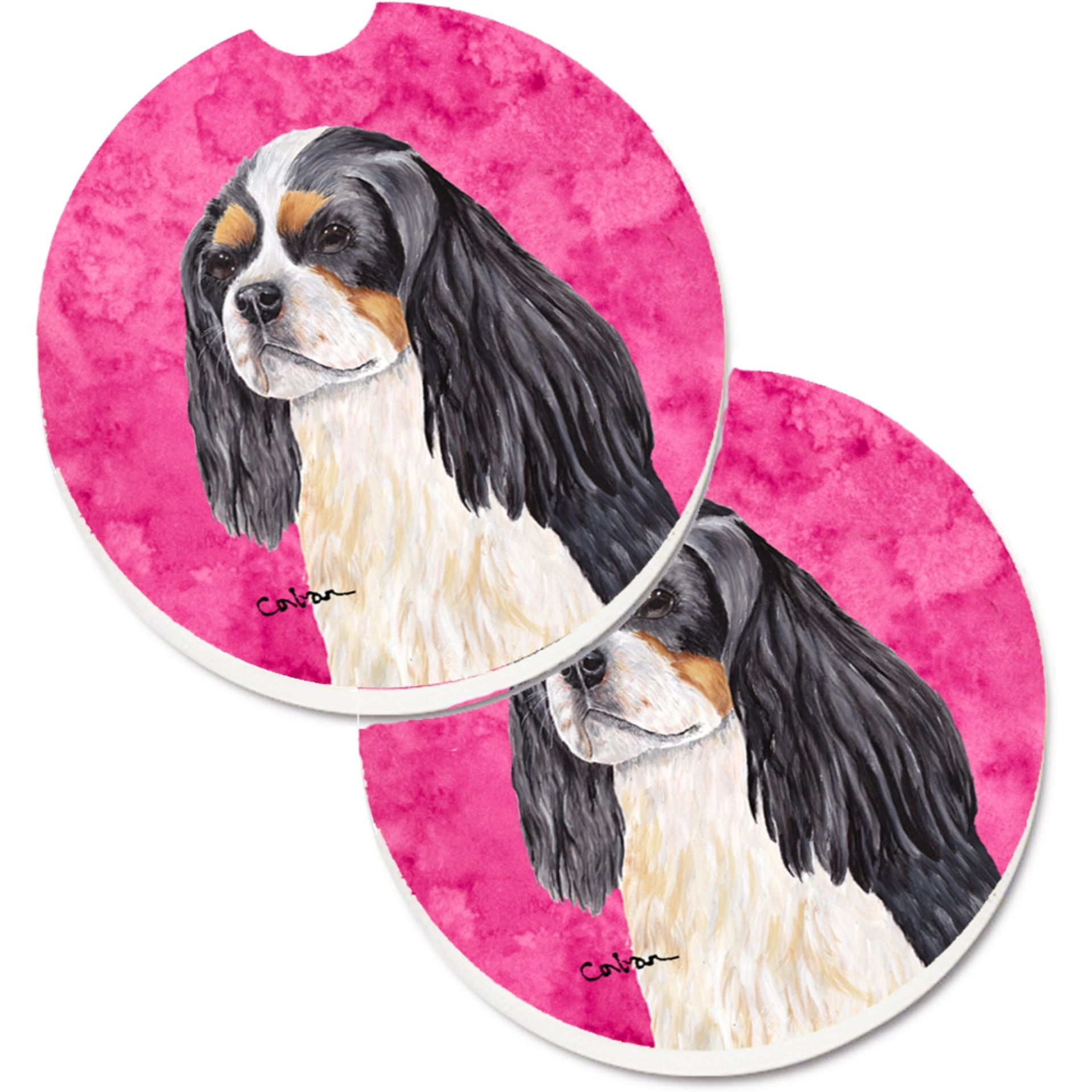 &quotCaroline's Treasures Pink Cavalier Spaniel Set of 2 Cup Holder Car Coasters SC9120PKCARC, 2.56, Multicolor"