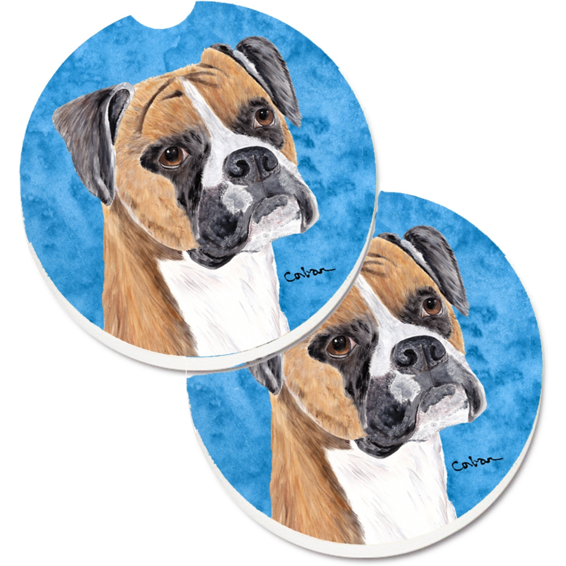 &quotCaroline's Treasures Blue Boxer Set of 2 Cup Holder Car Coasters SC9121BUCARC, 2.56, Multicolor"