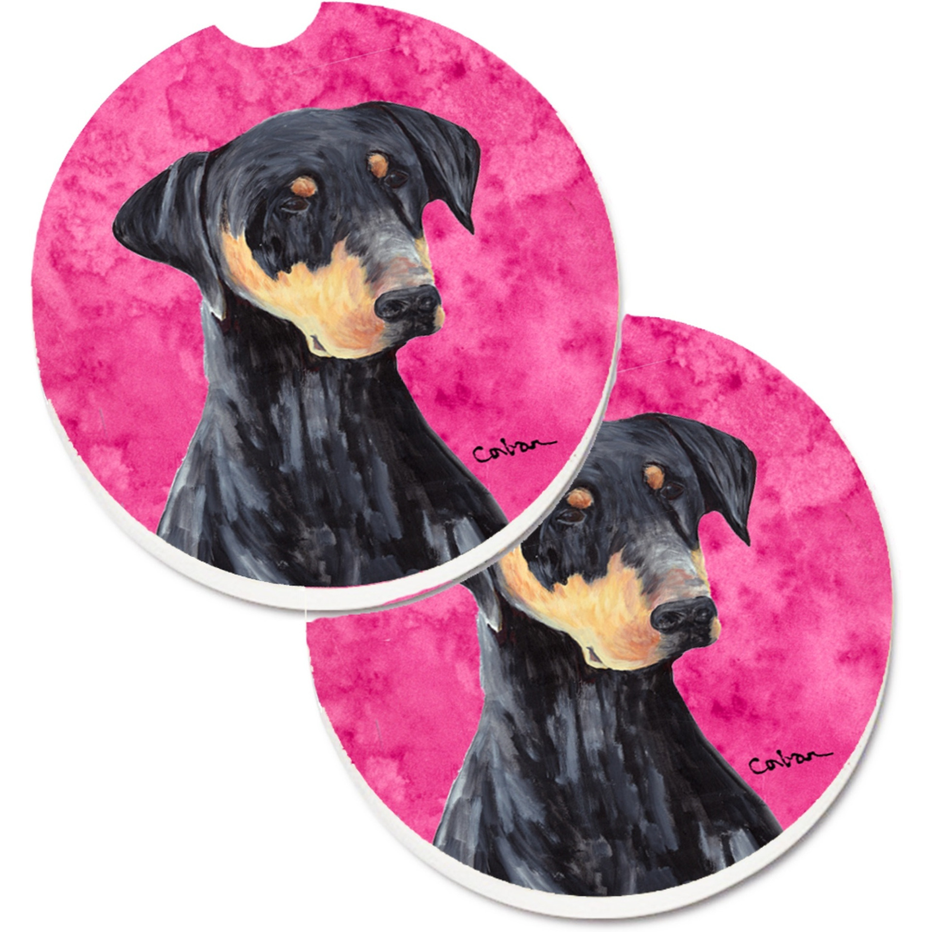 &quotCaroline's Treasures Pink Doberman Set of 2 Cup Holder Car Coasters SC9126PKCARC, 2.56, Multicolor"