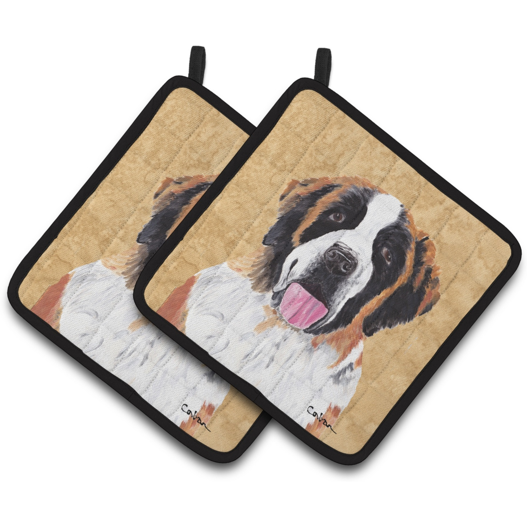 &quotCaroline's Treasures Saint Bernard Wipe Your Paws Pair of Pot Holders SC9129PTHD, 7.5HX7.5W, Multicolor"