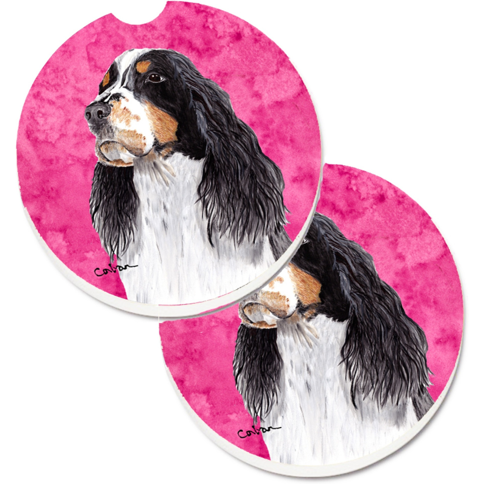 &quotCaroline's Treasures Pink Springer Spaniel Set of 2 Cup Holder Car Coasters SC9134PKCARC, 2.56, Multicolor"