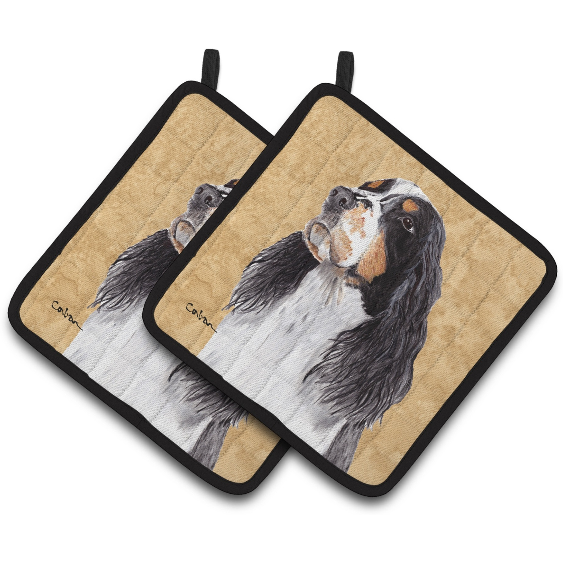 &quotCaroline's Treasures Springer Spaniel Wipe Your Paws Pair of Pot Holders SC9134PTHD, 7.5HX7.5W, Multicolor"