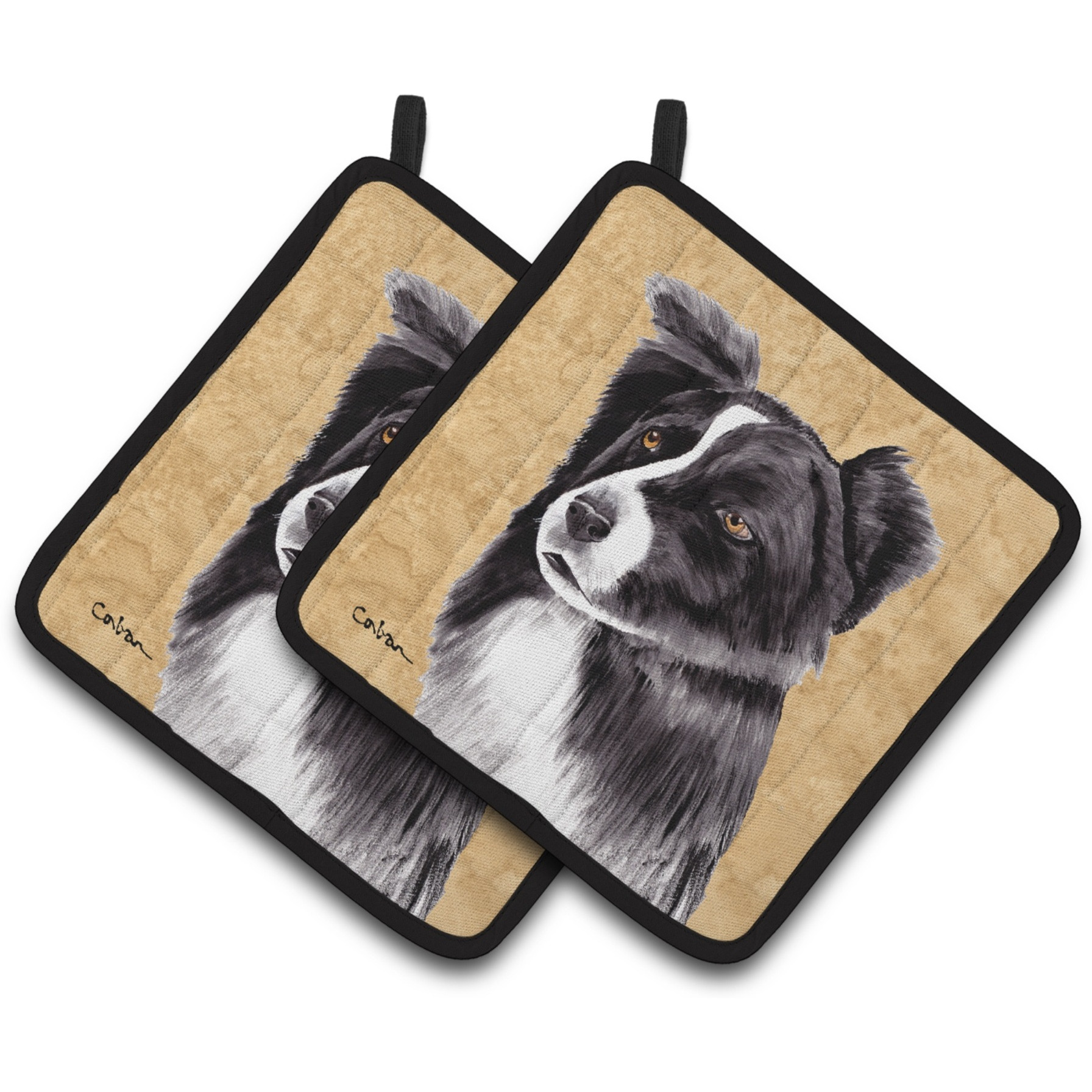 &quotCaroline's Treasures Border Collie Wipe Your Paws Pair of Pot Holders SC9138PTHD, 7.5HX7.5W, Multicolor"