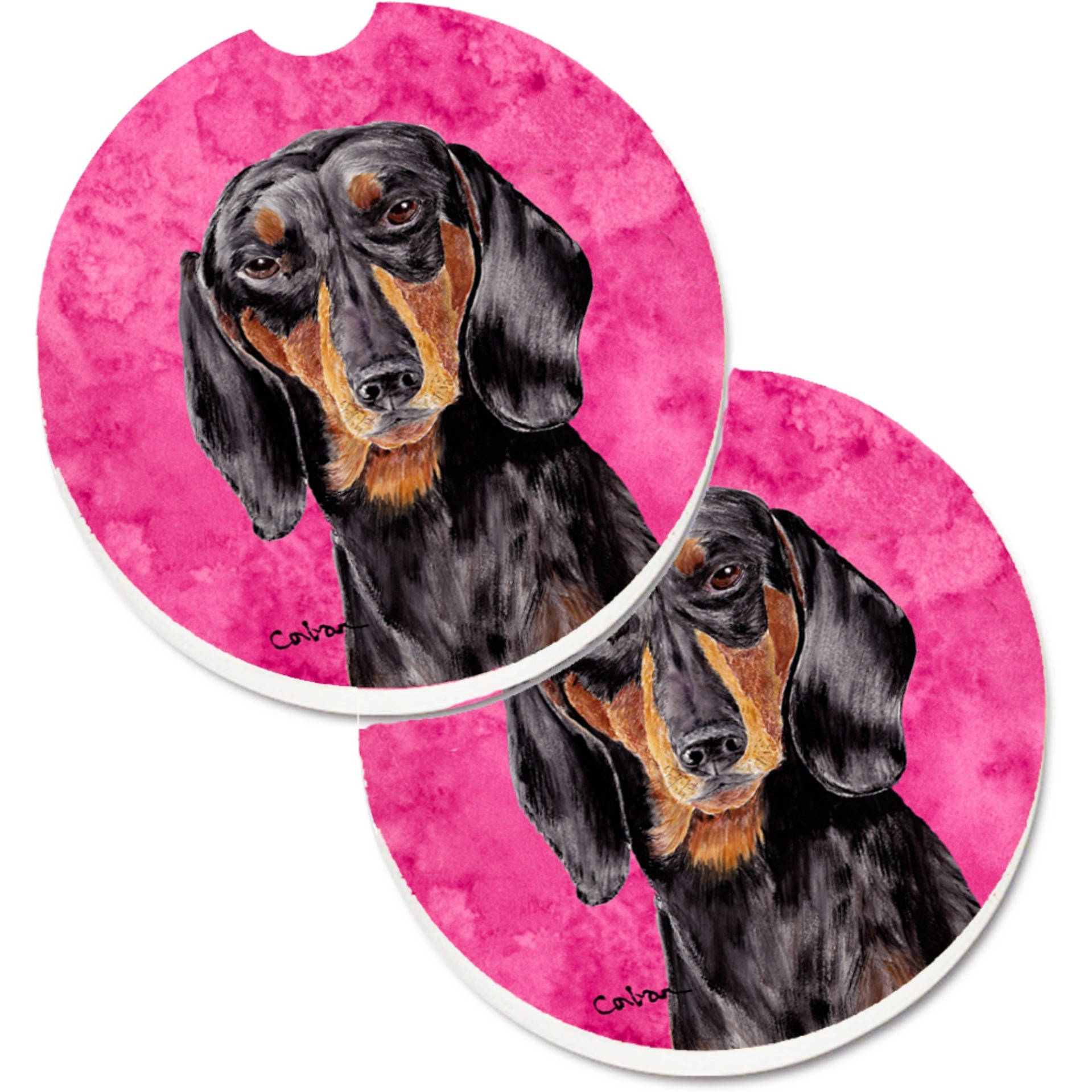 &quotCaroline's Treasures Pink Dachshund Set of 2 Cup Holder Car Coasters SC9139PKCARC, 2.56, Multicolor"