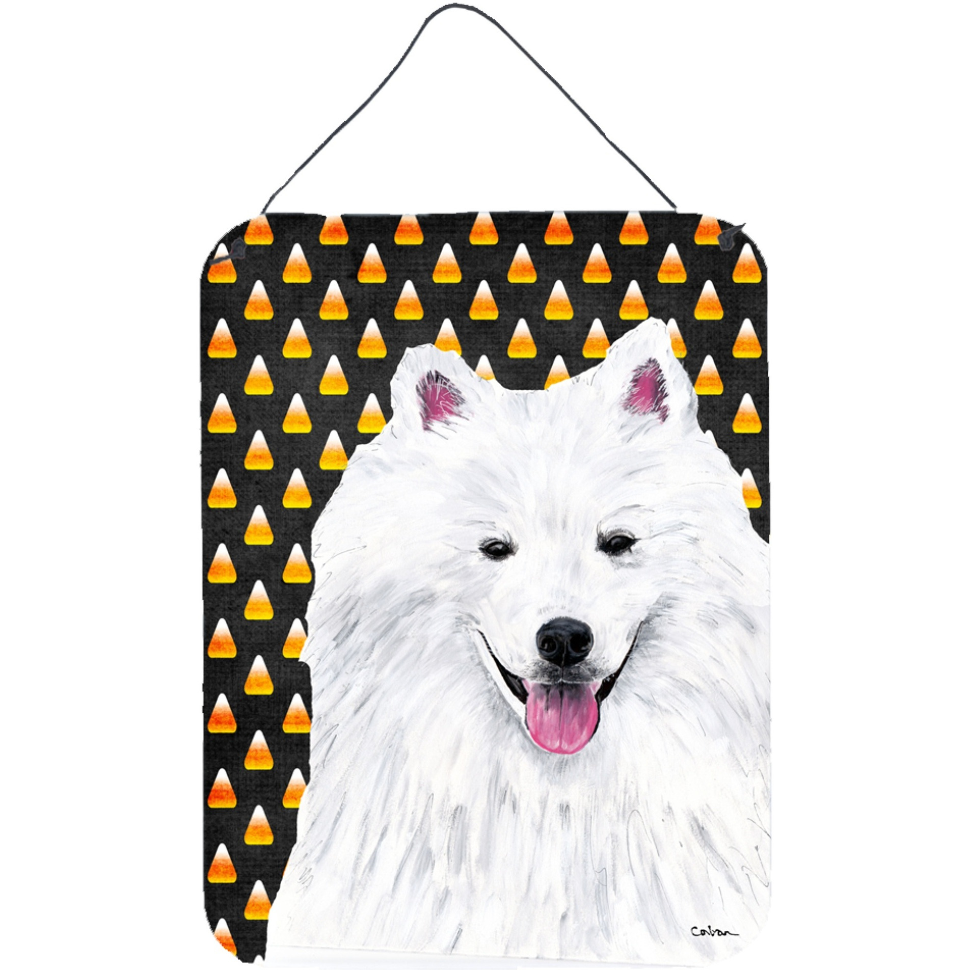 &quotCaroline's Treasures American Eskimo Candy Corn Halloween Portrait Wall or Door Hanging Prints, 16"" x 12"", Multicolor"