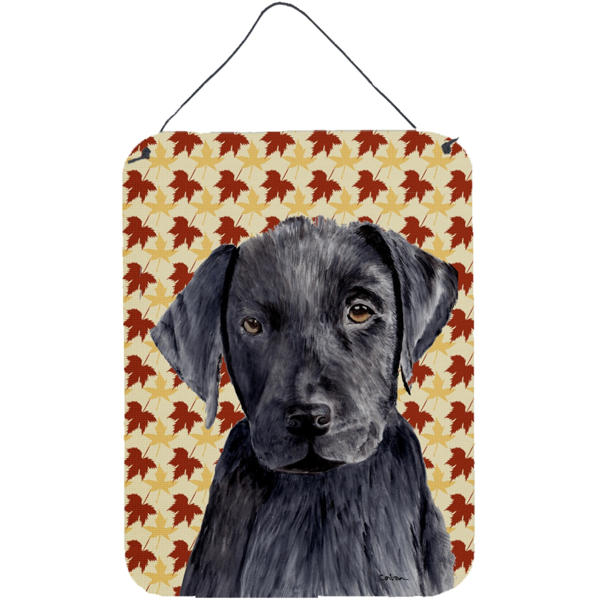 &quotCaroline's Treasures Labrador Black Fall Leaves Portrait Aluminium Metal Wall or Door Hanging Prints, 16"" x 12"", Multicolor"