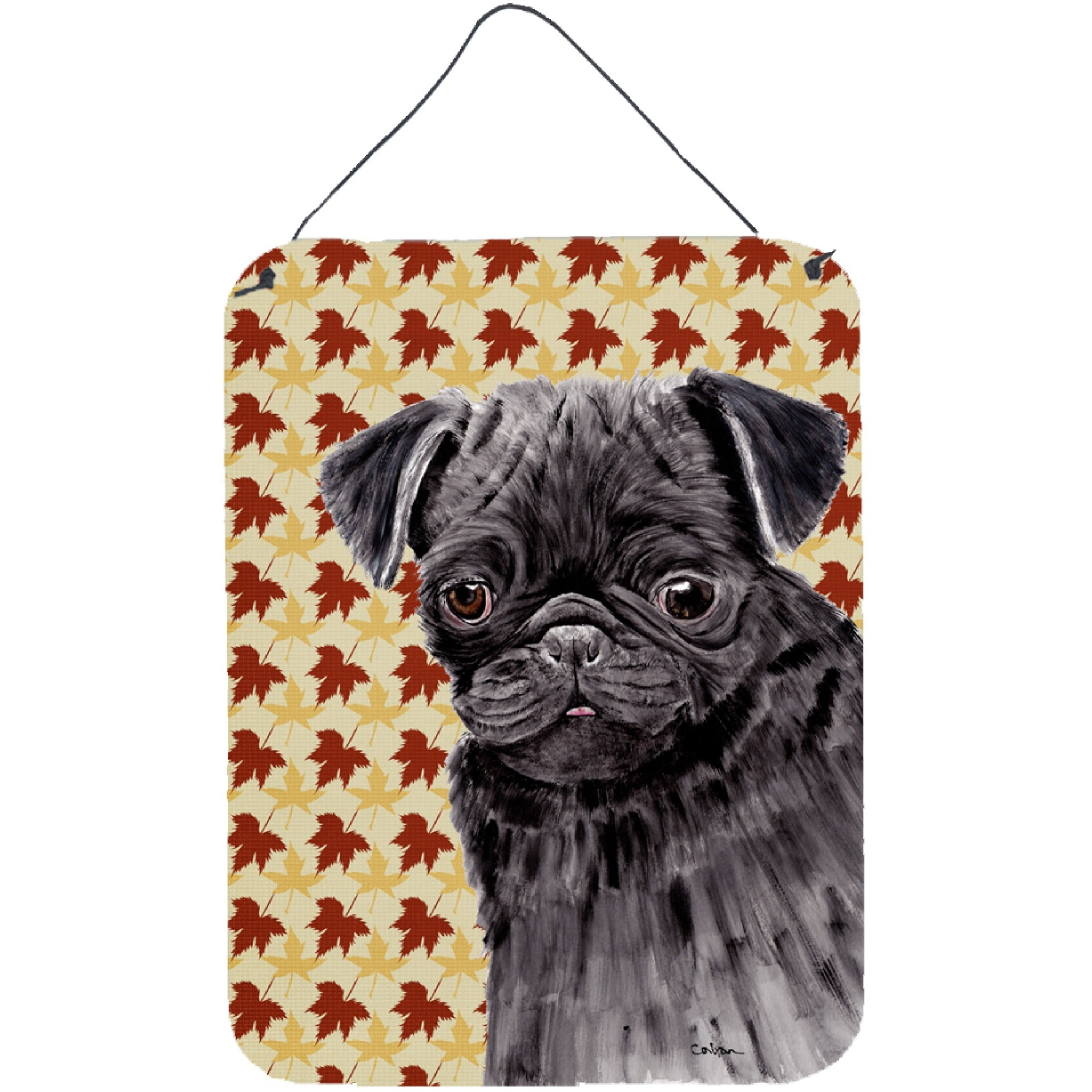 &quotCaroline's Treasures Pug Black Fall Leaves Portrait Aluminium Metal Wall or Door Hanging Prints, 16"" x 12"", Multicolor"