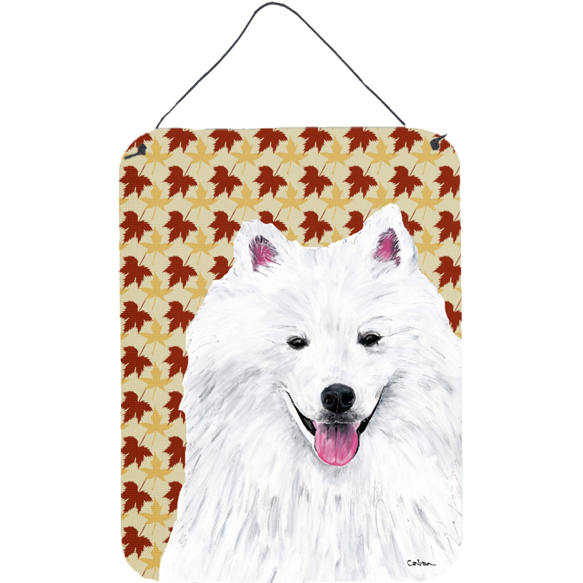 &quotCaroline's Treasures American Eskimo Fall Leaves Portrait Wall or Door Hanging Prints, 16"" x 12"", Multicolor"