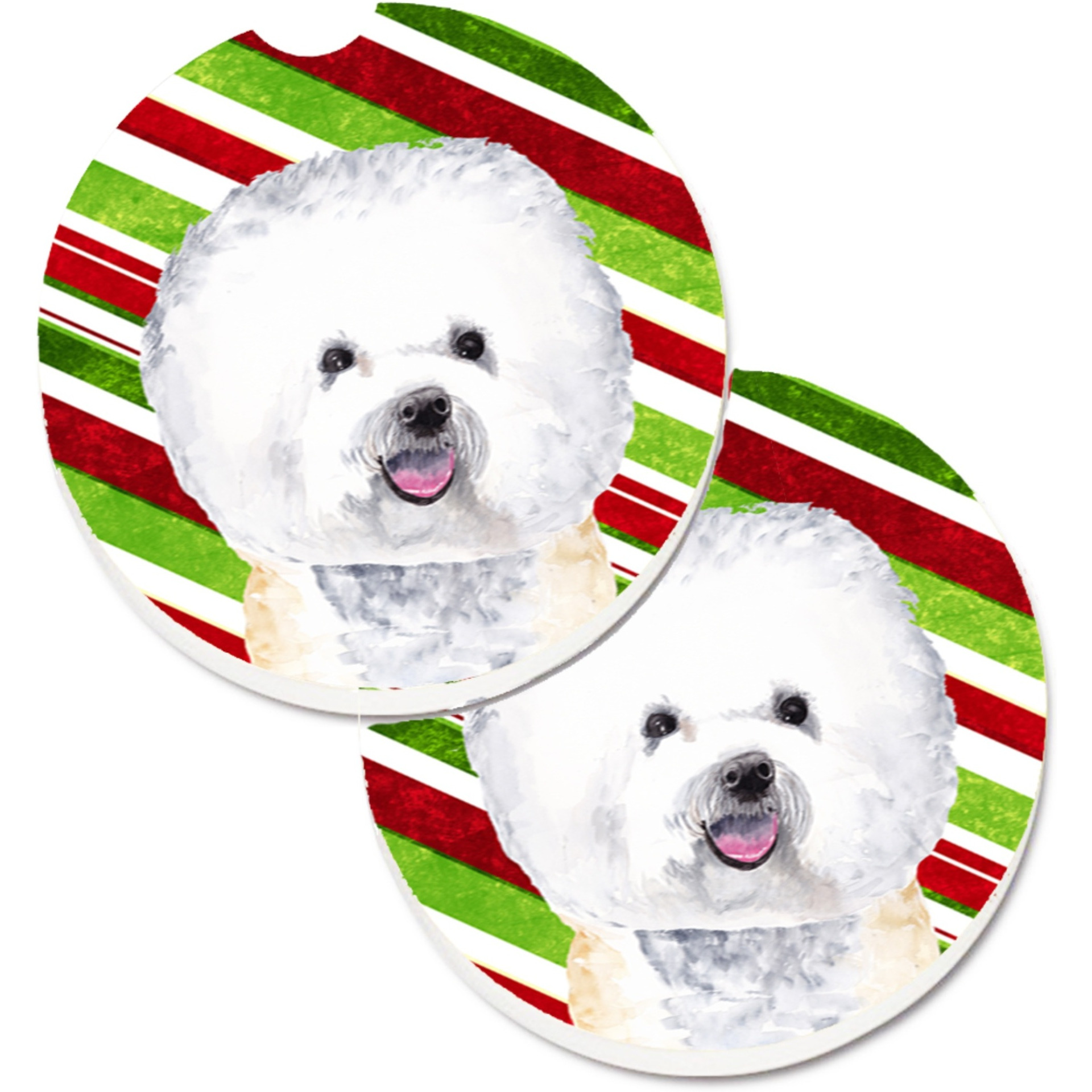 &quotCaroline's Treasures Bichon Frise Candy Cane Holiday Christmas Set of 2 Cup Holder Car Coasters SC9322CARC, 2.56, Multicolor"