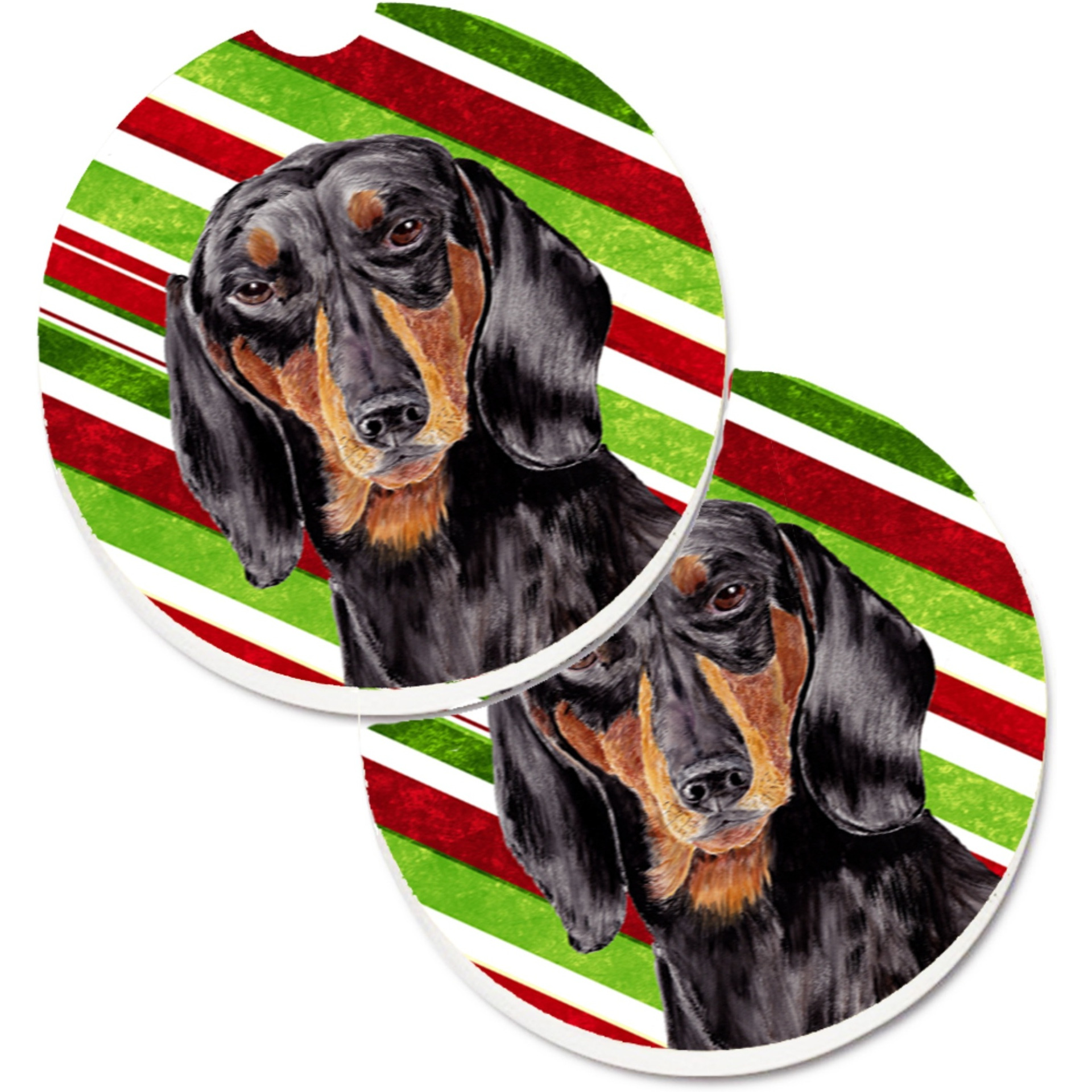&quotCaroline's Treasures Dachshund Candy Cane Holiday Christmas Set of 2 Cup Holder Car Coasters SC9323CARC, 2.56, Multicolor"