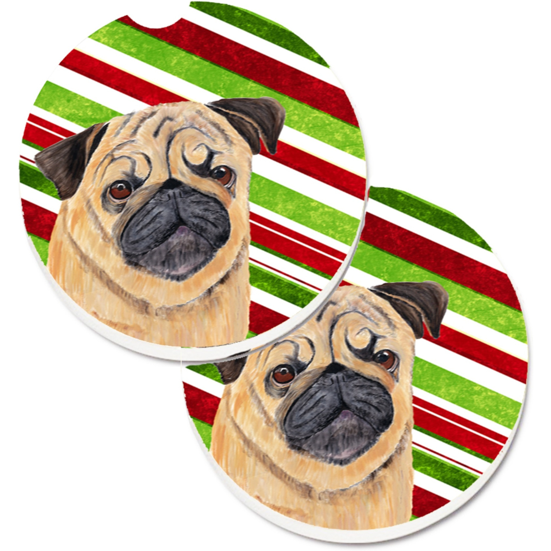 &quotCaroline's Treasures Pug Candy Cane Holiday Christmas Set of 2 Cup Holder Car Coasters SC9331CARC, 2.56, Multicolor"