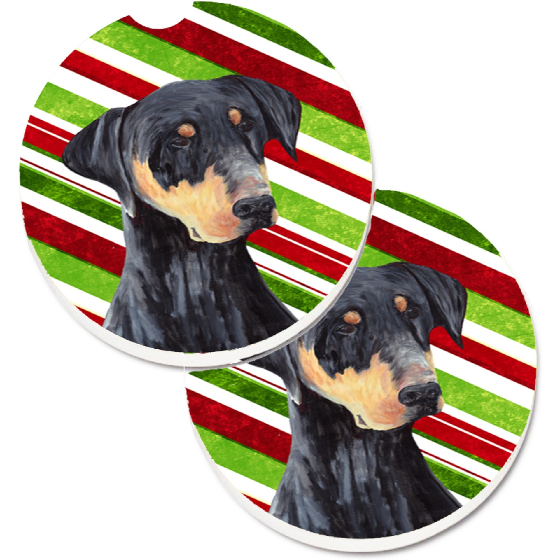 &quotCaroline's Treasures Doberman Candy Cane Holiday Christmas Set of 2 Cup Holder Car Coasters SC9337CARC, 2.56, Multicolor"