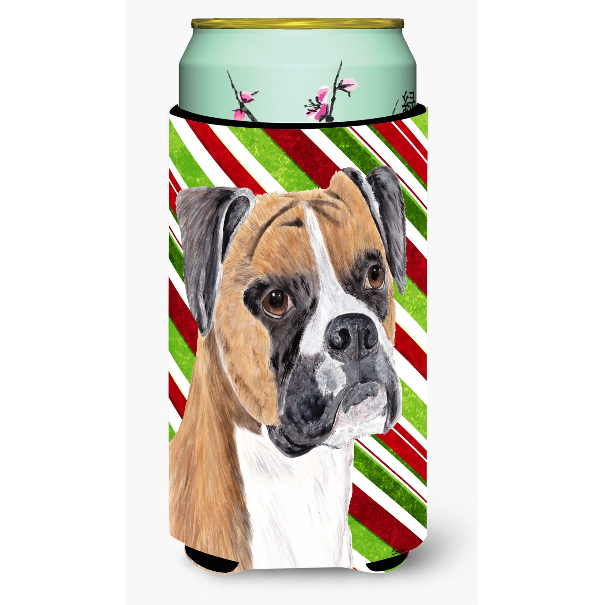Boxer Candy Cane Holiday Christmas  Tall Boy Beverage Insulator Beverage Insulator Hugger
