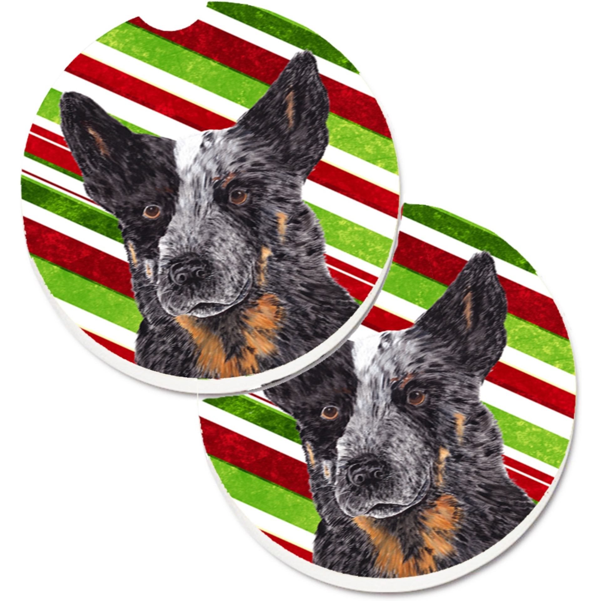 &quotCaroline's Treasures Australian Cattle Dog Candy Cane Holiday Christmas Set of 2 Cup Holder Car Coasters SC9356CARC, 2.56, Multicolor"