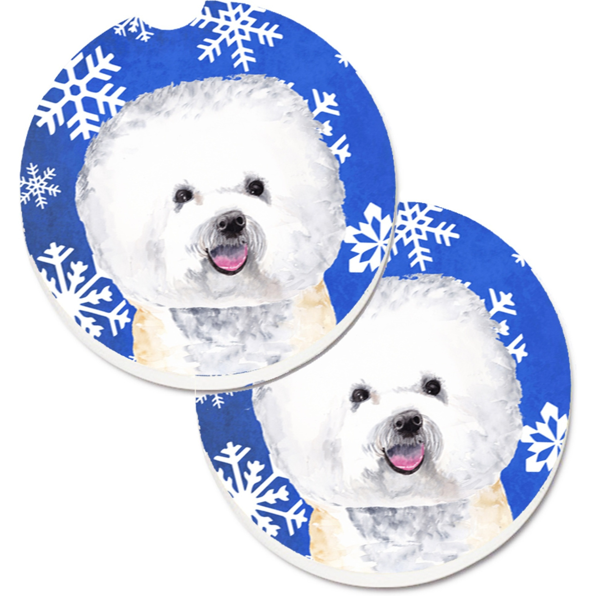 &quotCaroline's Treasures Bichon Frise Winter Snowflakes Holiday Set of 2 Cup Holder Car Coasters SC9362CARC, 2.56, Multicolor"
