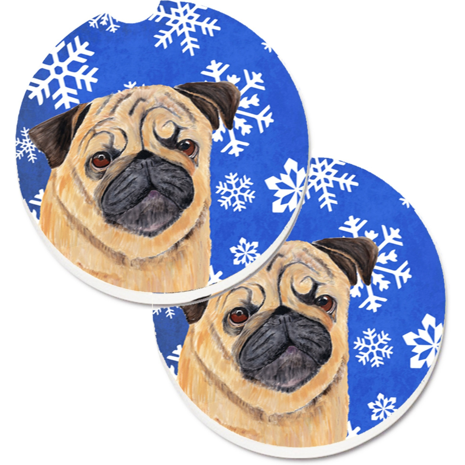 &quotCaroline's Treasures Pug Winter Snowflakes Holiday Set of 2 Cup Holder Car Coasters SC9371CARC, 2.56, Multicolor"