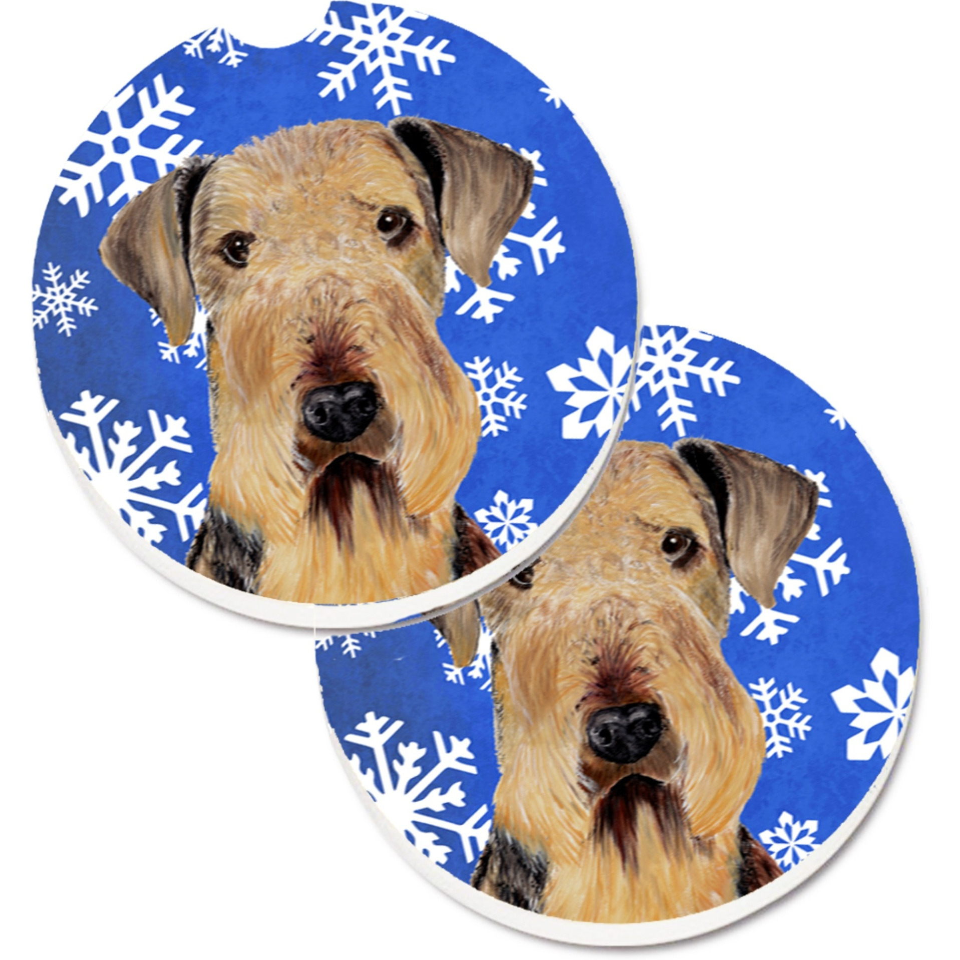 &quotCaroline's Treasures Airedale Winter Snowflakes Holiday Set of 2 Cup Holder Car Coasters SC9373CARC, 2.56, Multicolor"
