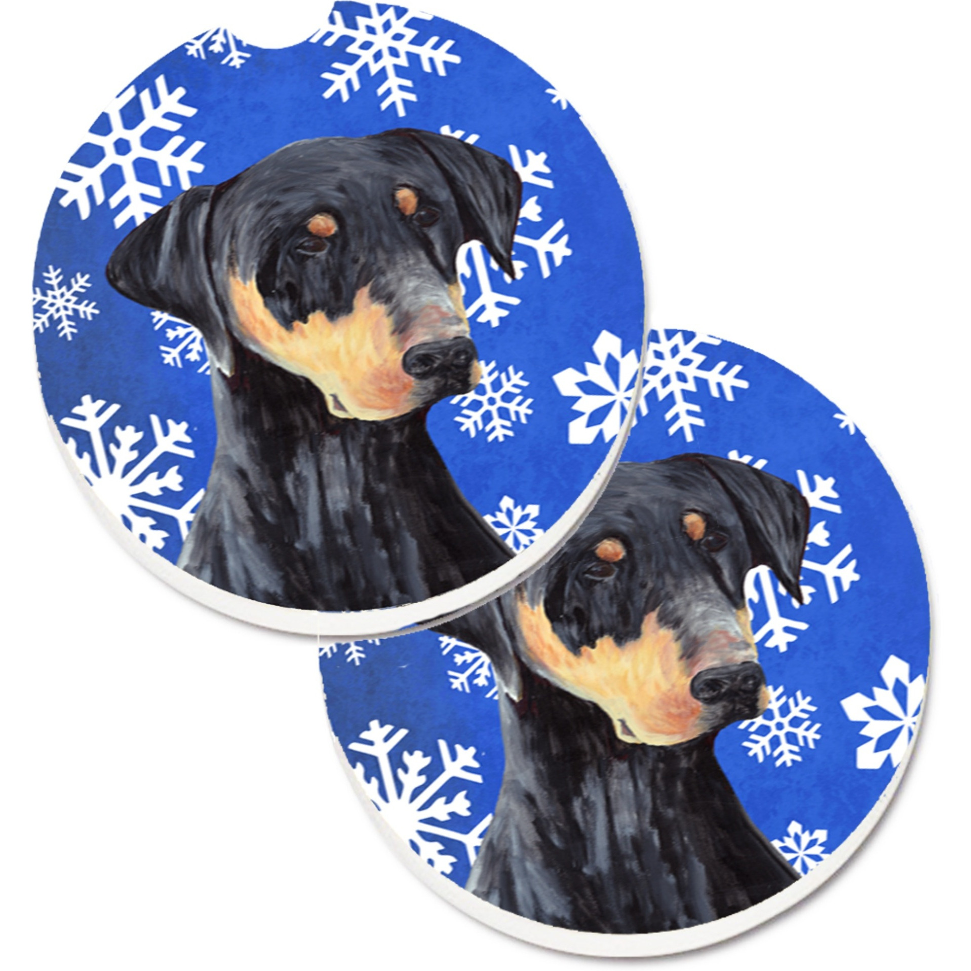 &quotCaroline's Treasures Doberman Winter Snowflakes Holiday Set of 2 Cup Holder Car Coasters SC9377CARC, 2.56, Multicolor"