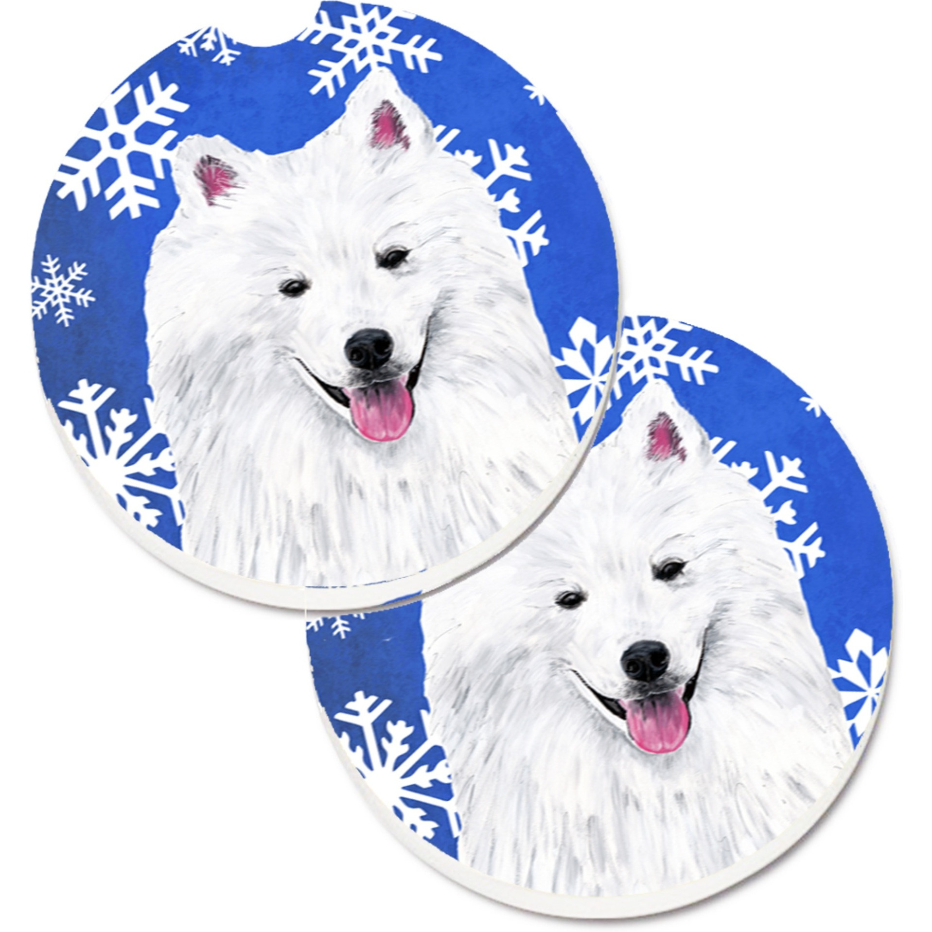 &quotCaroline's Treasures American Eskimo Winter Snowflakes Holiday Set of 2 Cup Holder Car Coasters SC9379CARC, 2.56, Multicolor"
