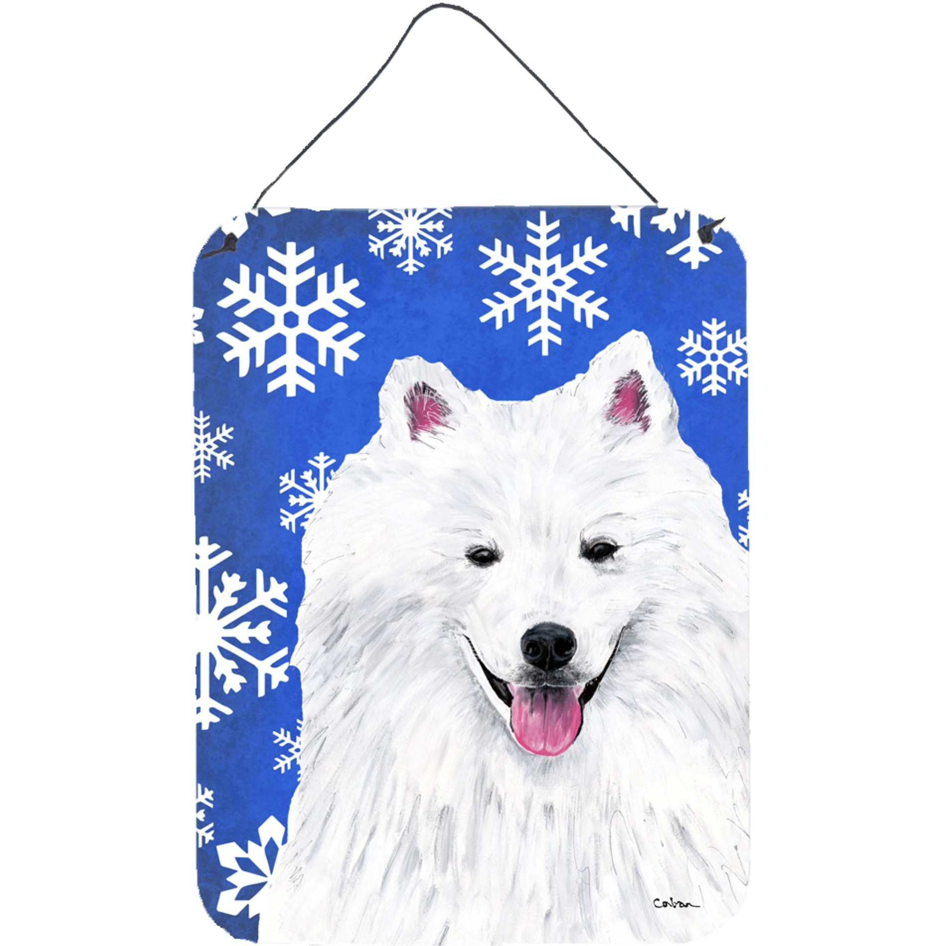 &quotCaroline's Treasures American Eskimo Winter Snowflakes Holiday Metal Wall or Door Hanging Prints, 16"" x 12"", Multicolor"