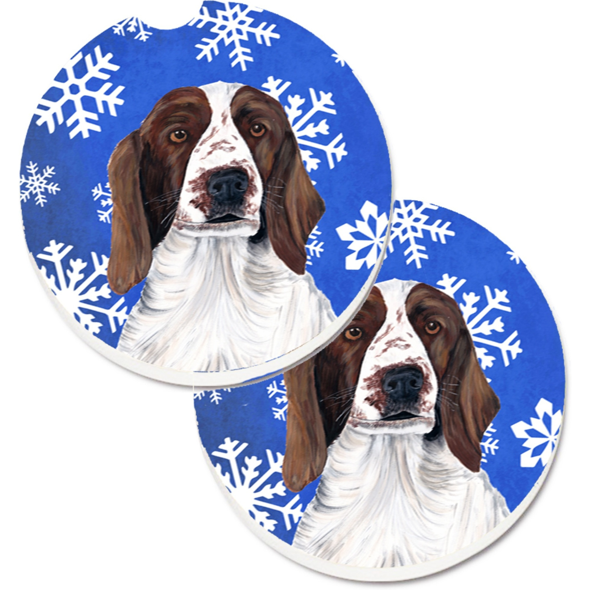 &quotCaroline's Treasures Welsh Springer Spaniel Winter Snowflakes Holiday Set of 2 Cup Holder Car Coasters SC9380CARC, 2.56, Multicolor"