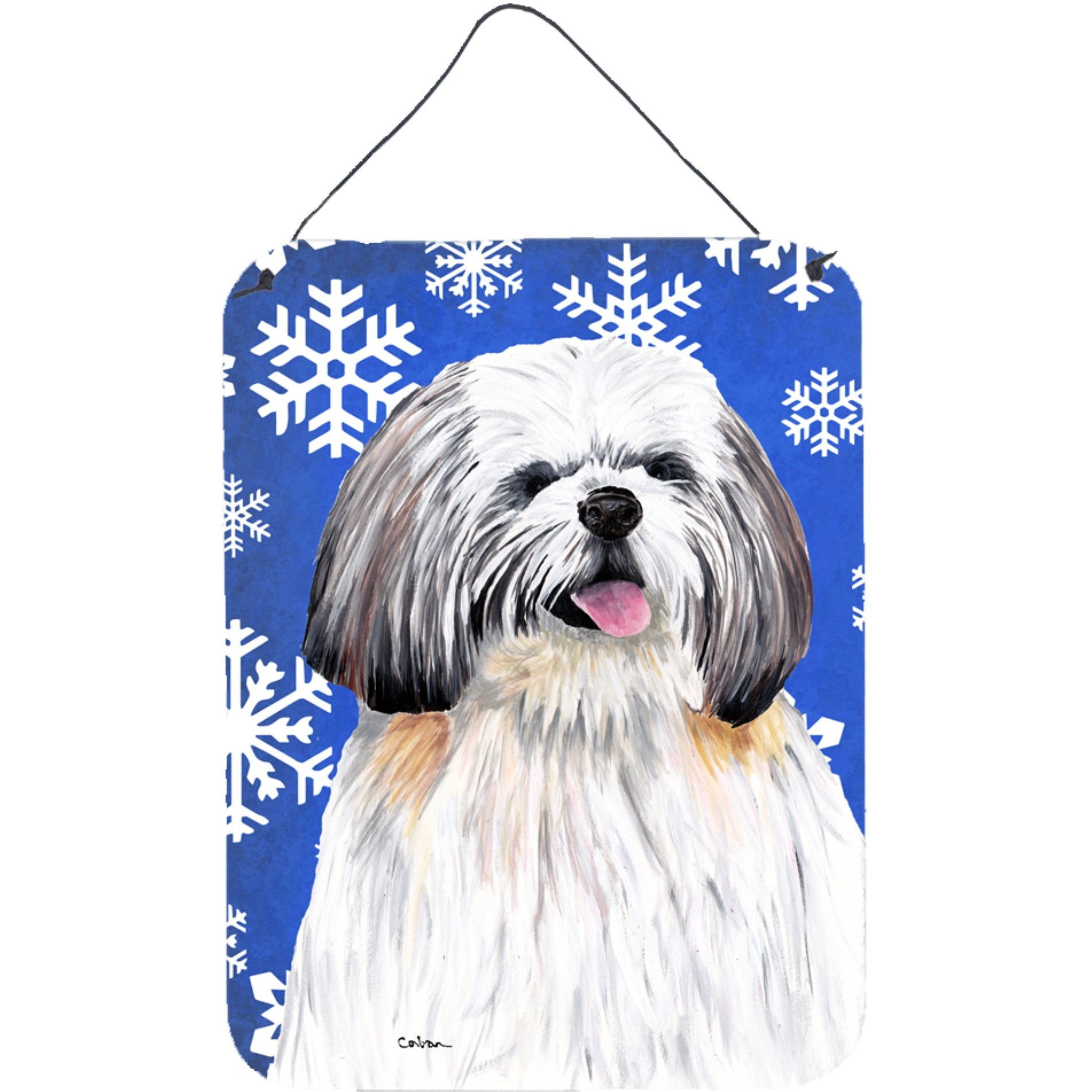 &quotCaroline's Treasures SC9383DS1216 Shih Tzu Winter Snowflakes Holiday Aluminium Metal Wall or Door Hanging Prints, 16"" x 12"", Multicolor"