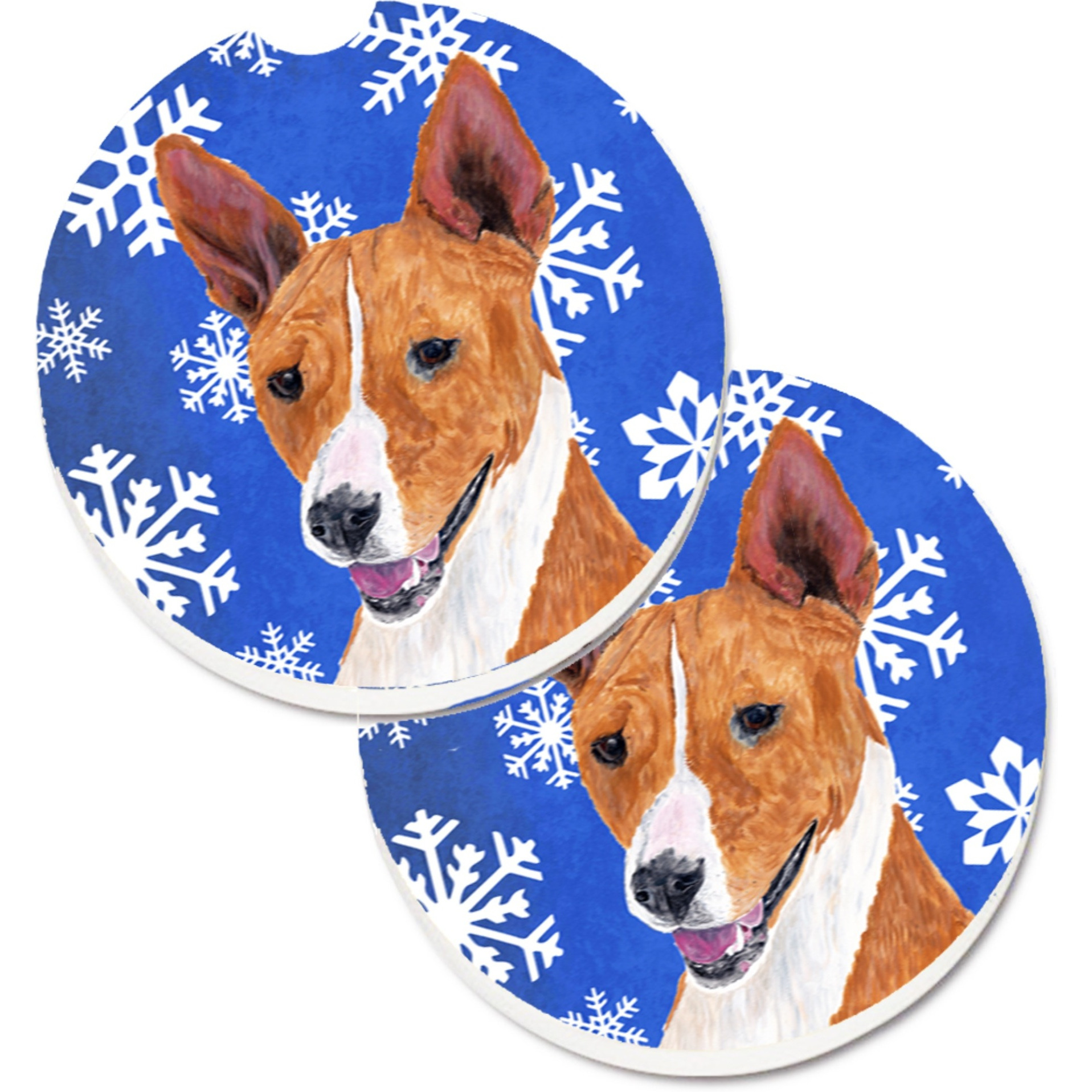 &quotCaroline's Treasures Basenji Winter Snowflakes Holiday Set of 2 Cup Holder Car Coasters SC9387CARC, 2.56, Multicolor"