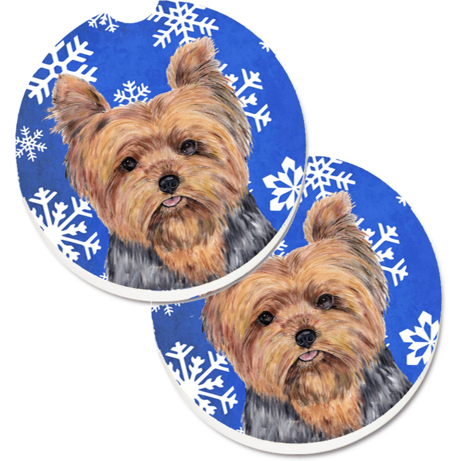 &quotCaroline's Treasures Yorkie Winter Snowflakes Holiday Set of 2 Cup Holder Car Coasters SC9388CARC, 2.56, Multicolor"