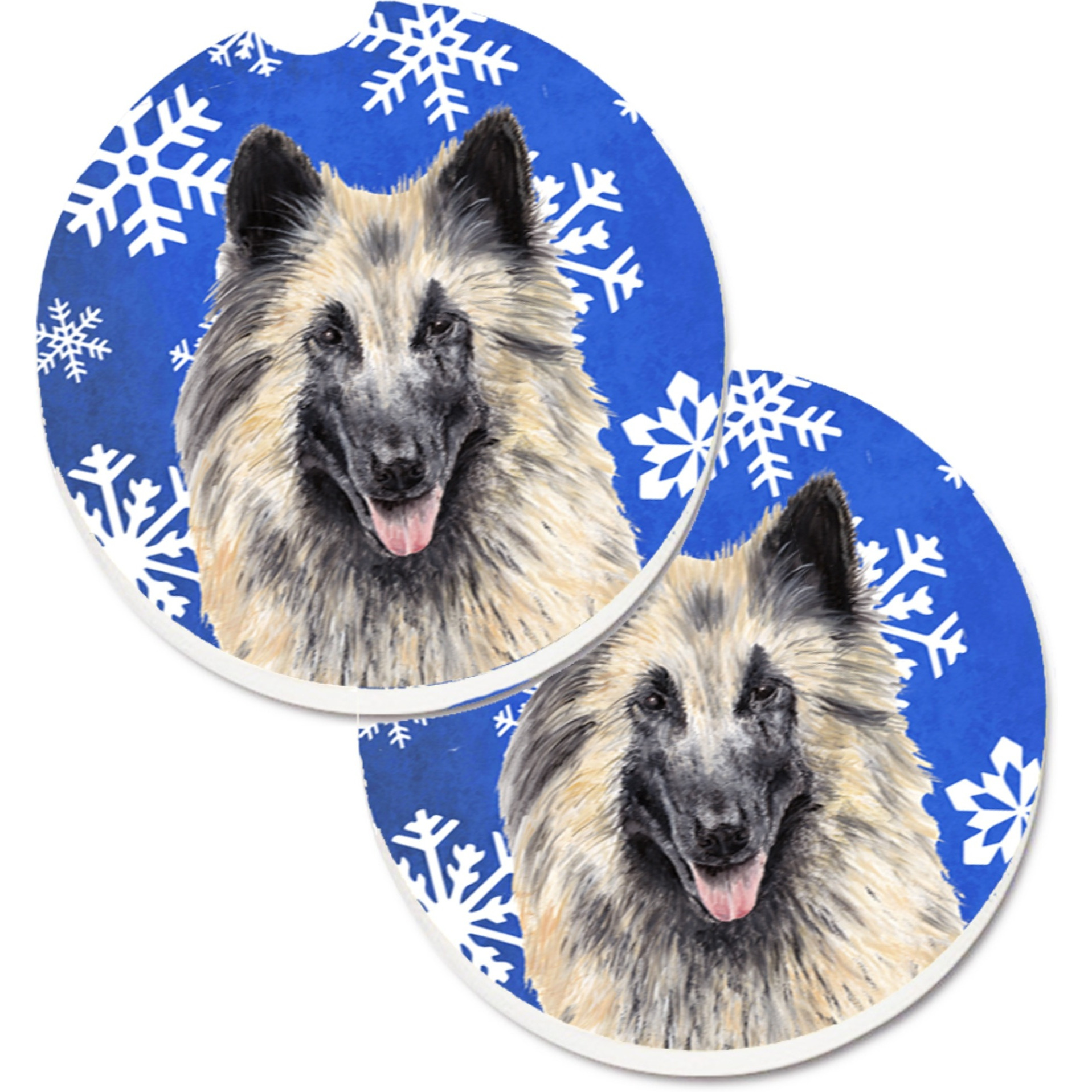 &quotCaroline's Treasures Belgian Tervuren Winter Snowflakes Holiday Set of 2 Cup Holder Car Coasters SC9392CARC, 2.56, Multicolor"