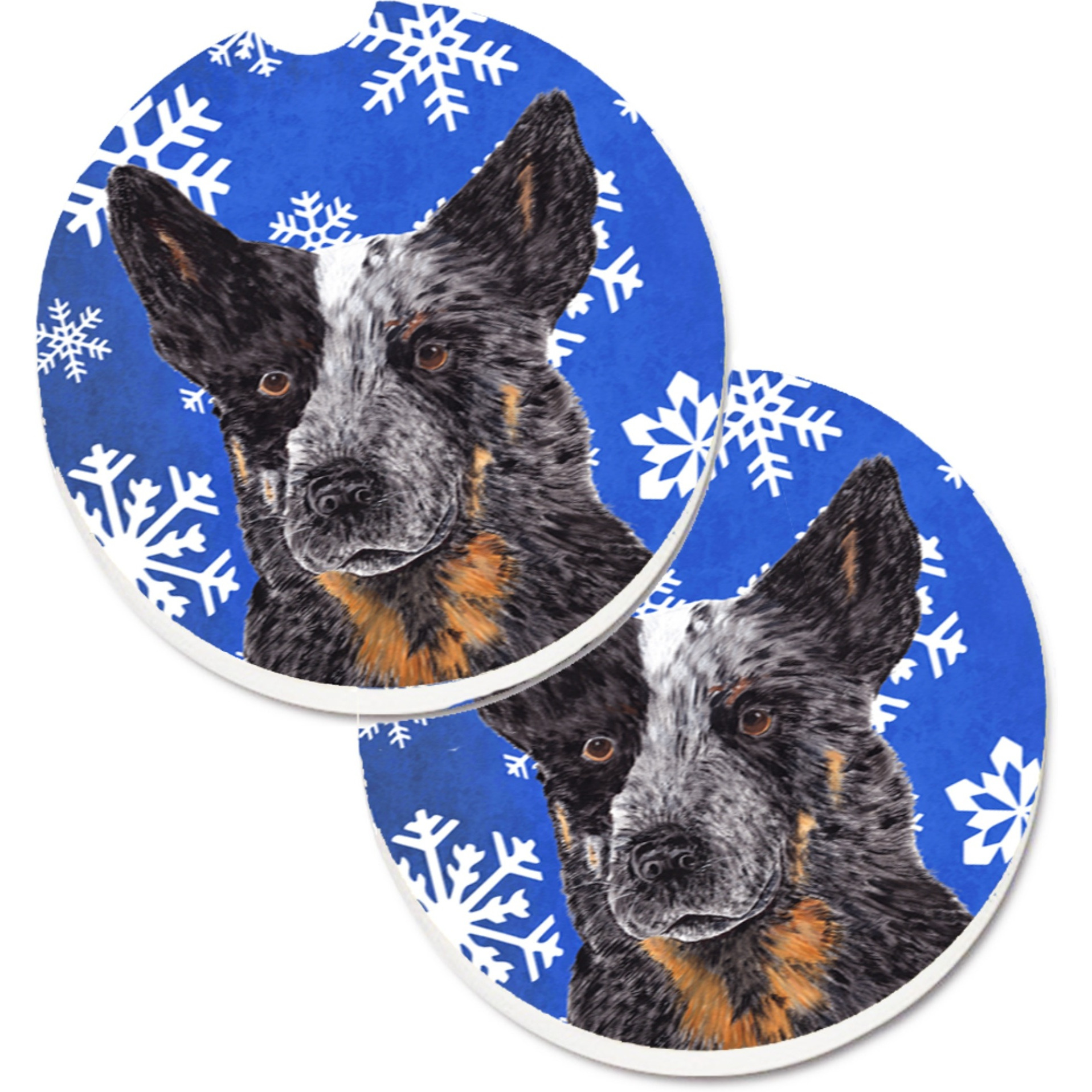 &quotCaroline's Treasures Australian Cattle Dog Winter Snowflakes Holiday Set of 2 Cup Holder Car Coasters SC9396CARC, 2.56, Multicolor"
