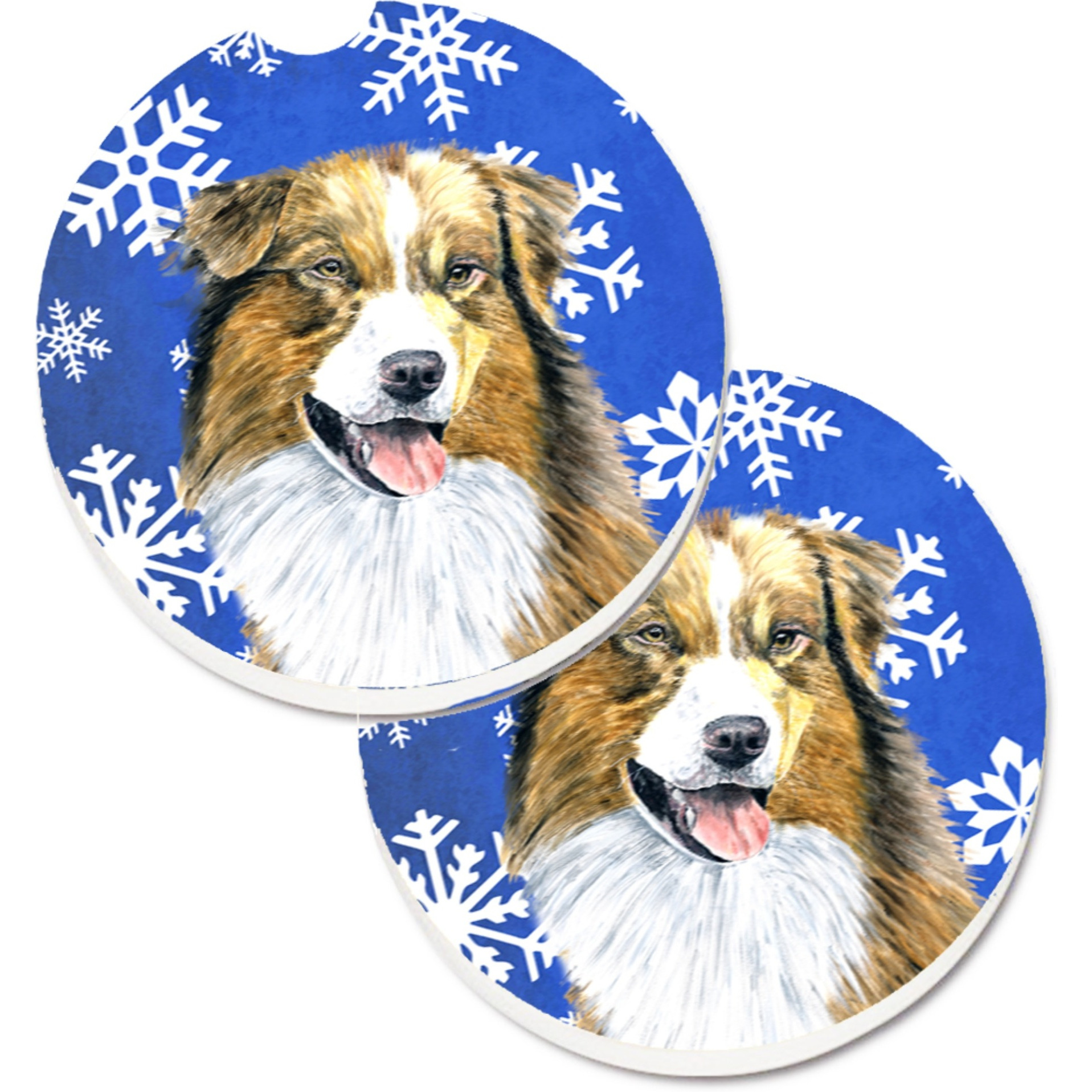 &quotCaroline's Treasures Australian Shepherd Winter Snowflakes Holiday Set of 2 Cup Holder Car Coasters SC9397CARC, 2.56, Multicolor"