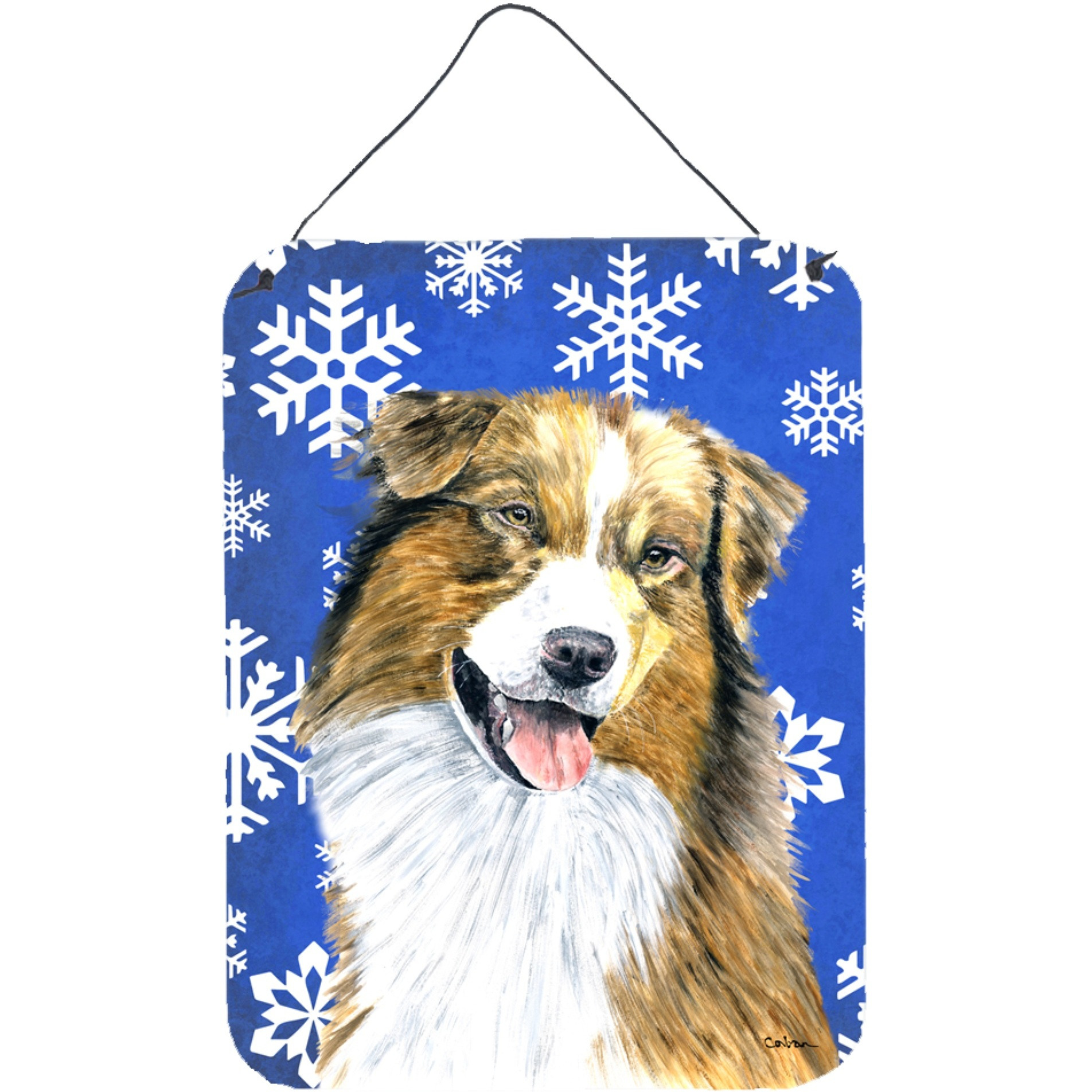 &quotCaroline's Treasures Australian Shepherd Winter Snowflakes Holiday Metal Door Hanging Prints wall-decor, 16"" x 12"", Multicolor"