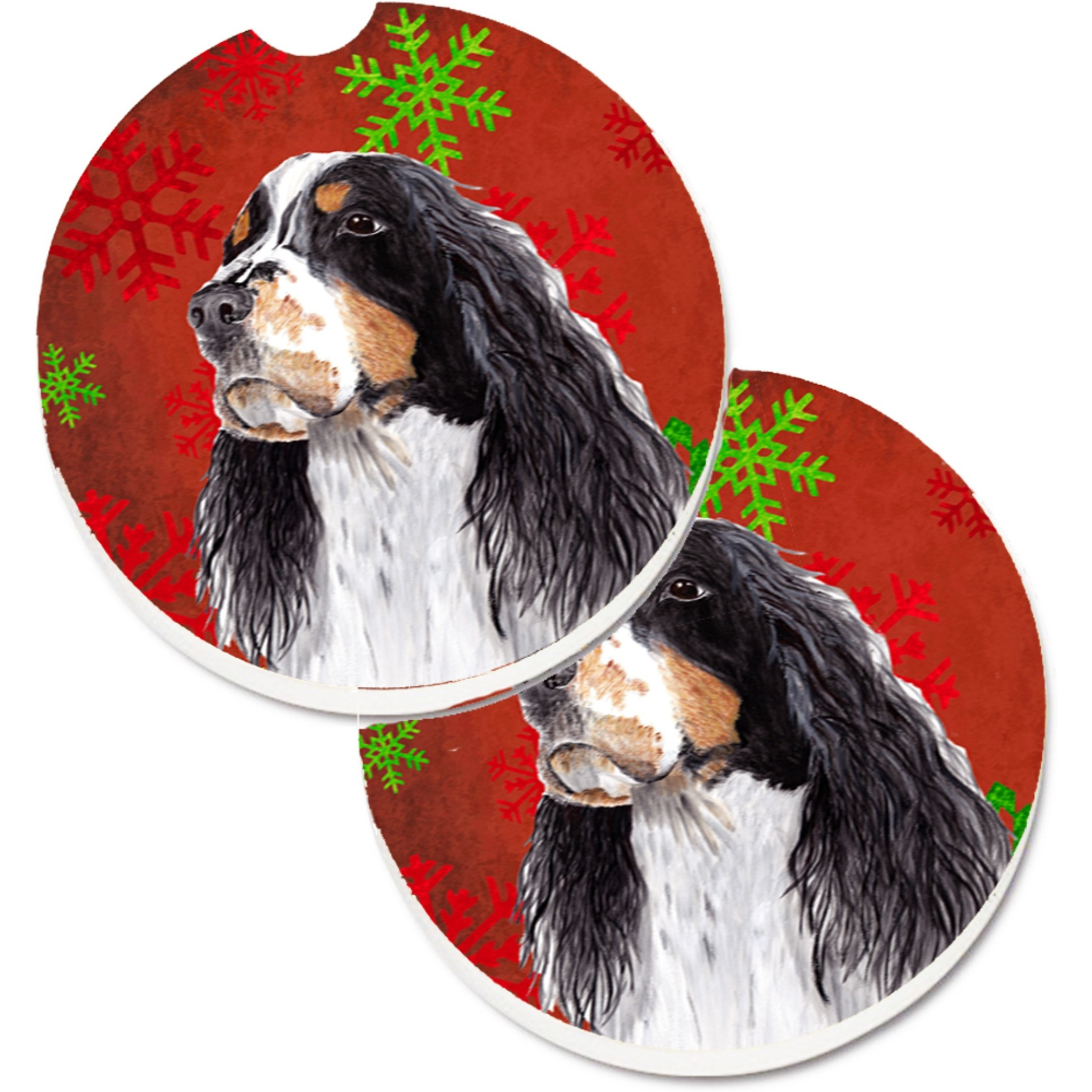 &quotCaroline's Treasures Springer Spaniel Red & green Snowflakes Holiday Christmas Set of 2 Cup Holder Car Coasters SC9401CARC, 2.56, Multicolor"