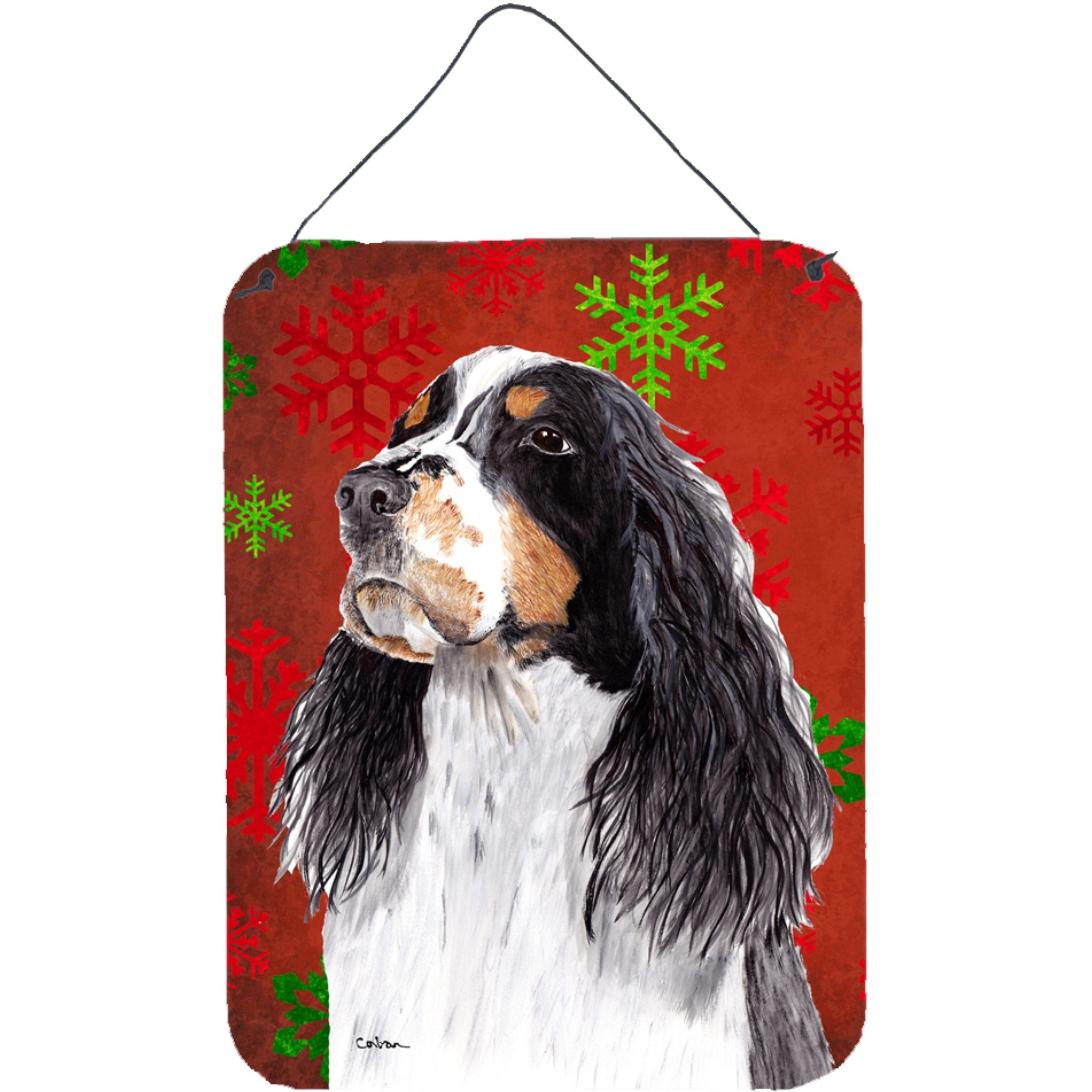 &quotCaroline's Treasures SC9401DS1216 Springer Spaniel Red Snowflakes Holiday Christmas Wall or Door Hanging Prints, 16"" x 12"", Multicolor"