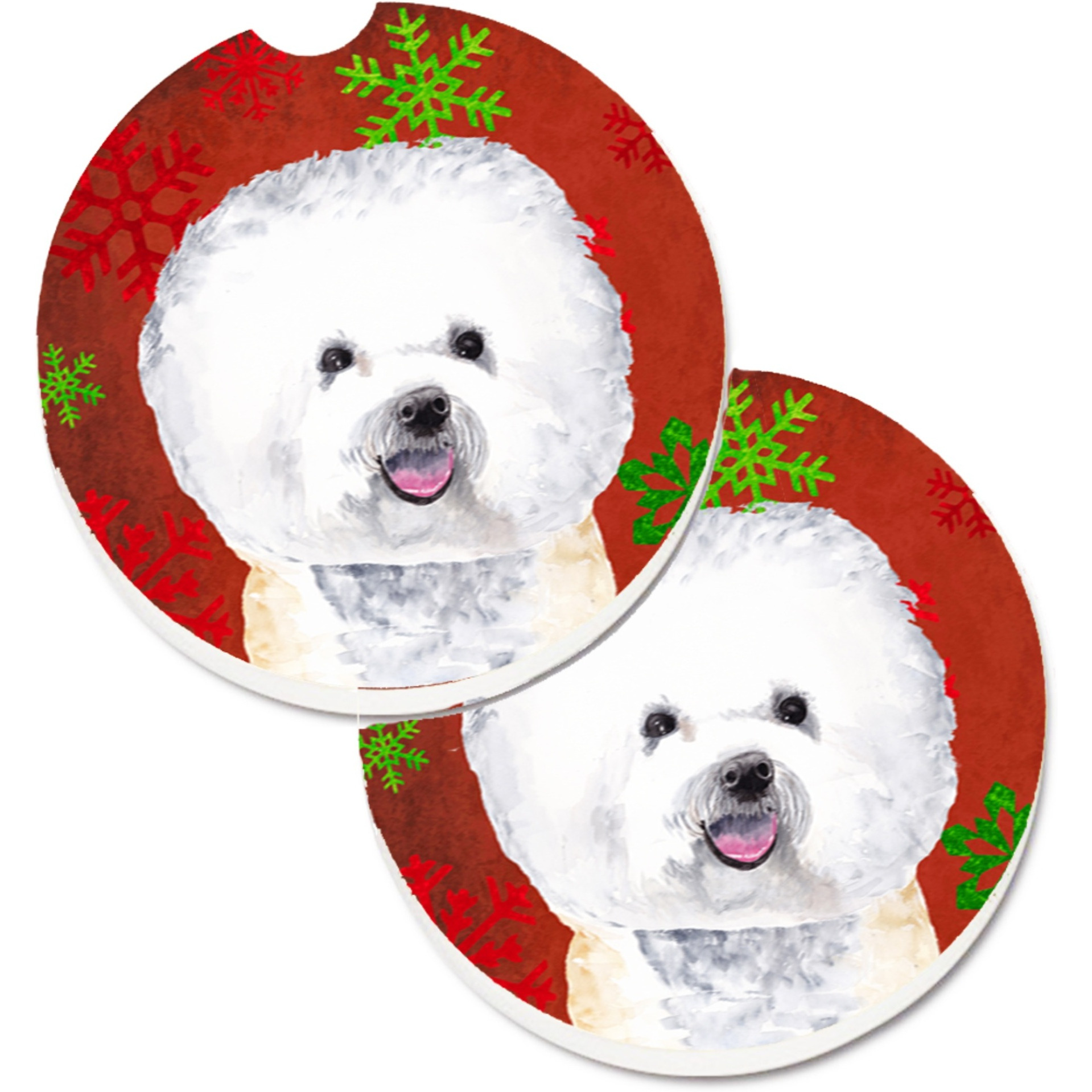 &quotCaroline's Treasures Bichon Frise Red & green Snowflakes Holiday Christmas Set of 2 Cup Holder Car Coasters SC9402CARC, 2.56, Multicolor"