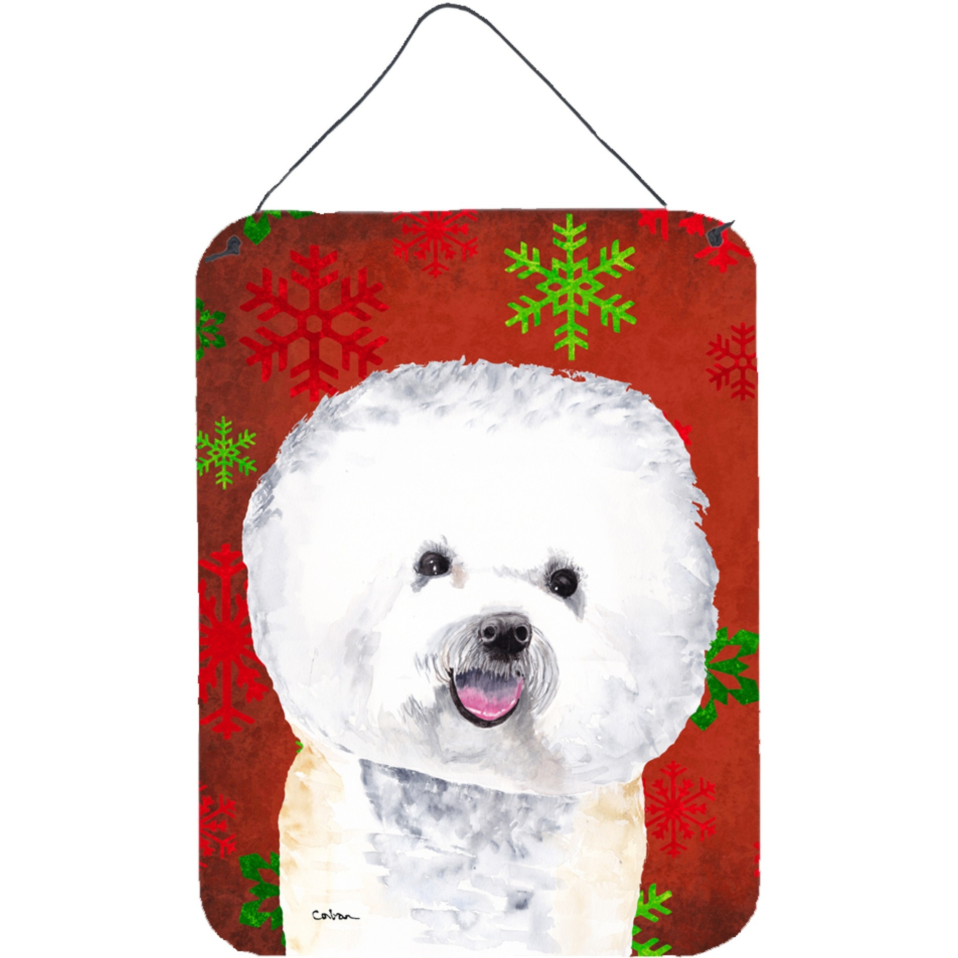 &quotCaroline's Treasures Bichon Frise Red Snowflakes Holiday Christmas Metal Door Hanging Prints wall-decor, 16"" x 12"", Multicolor"