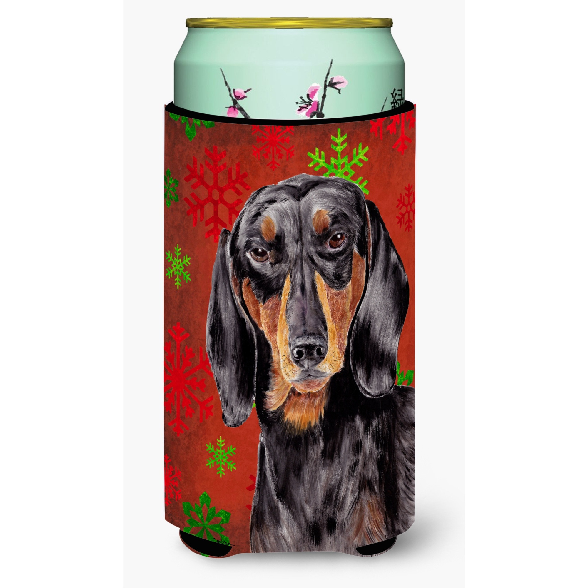 Dachshund Red and Green Snowflakes Holiday Christmas  Tall Boy Beverage Insulator Beverage Insulator Hugger