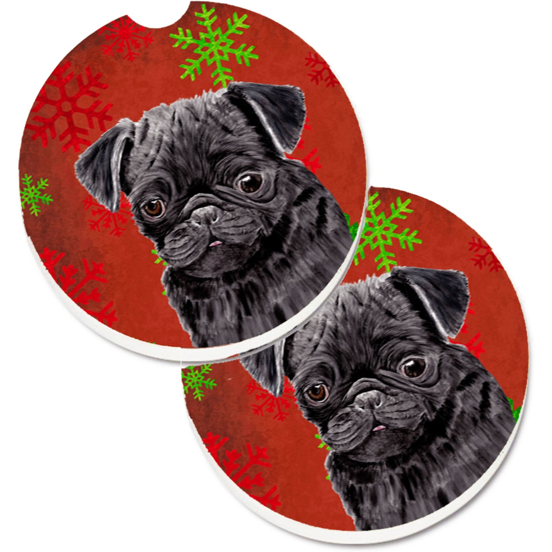&quotCaroline's Treasures Pug Red & green Snowflakes Holiday Christmas Set of 2 Cup Holder Car Coasters SC9406CARC, 2.56, Multicolor"